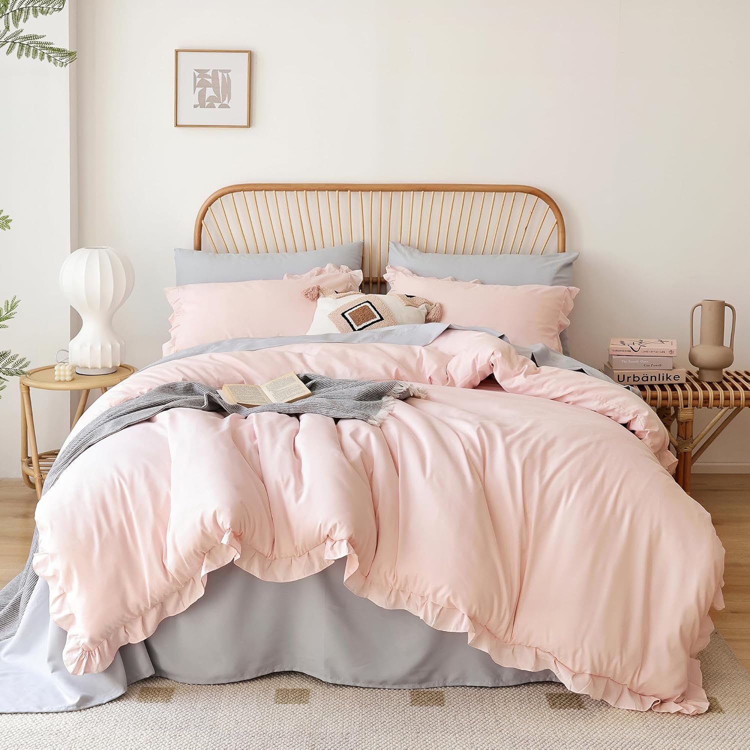 JANZAA Pink Ruffle Queen Comforter Set 3PCS