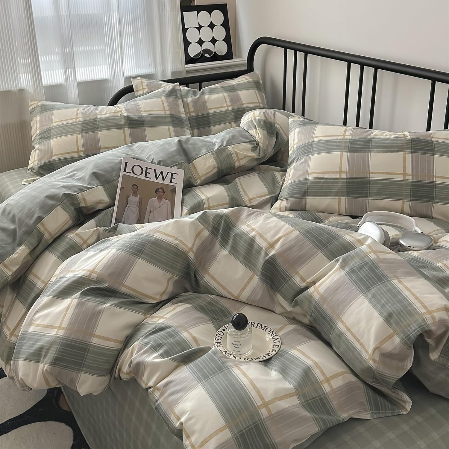 VM VOUGEMARKET Green Plaid Duvet Cover Set Queen 3 Piece