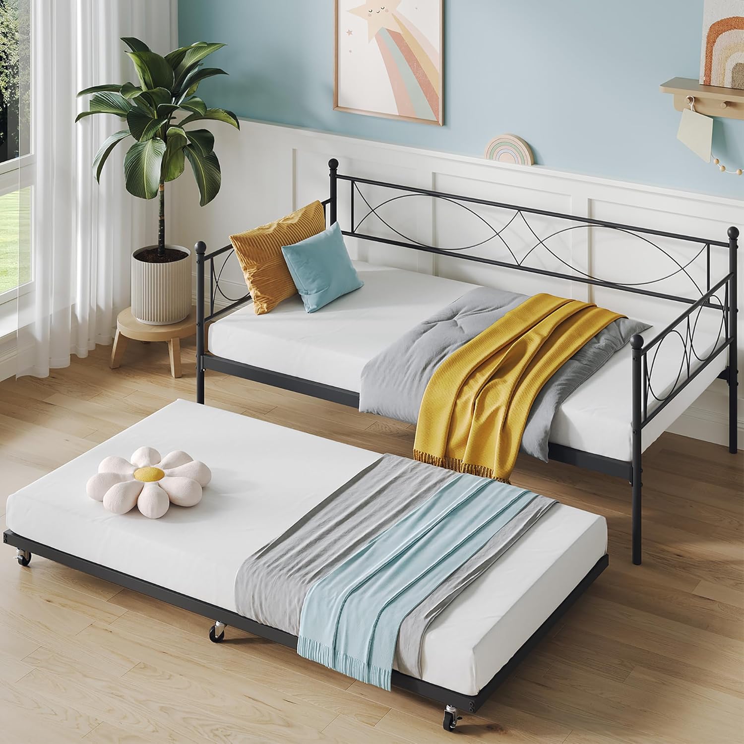 IDEALHOUSE Modern Black Metal Daybed with Trundle