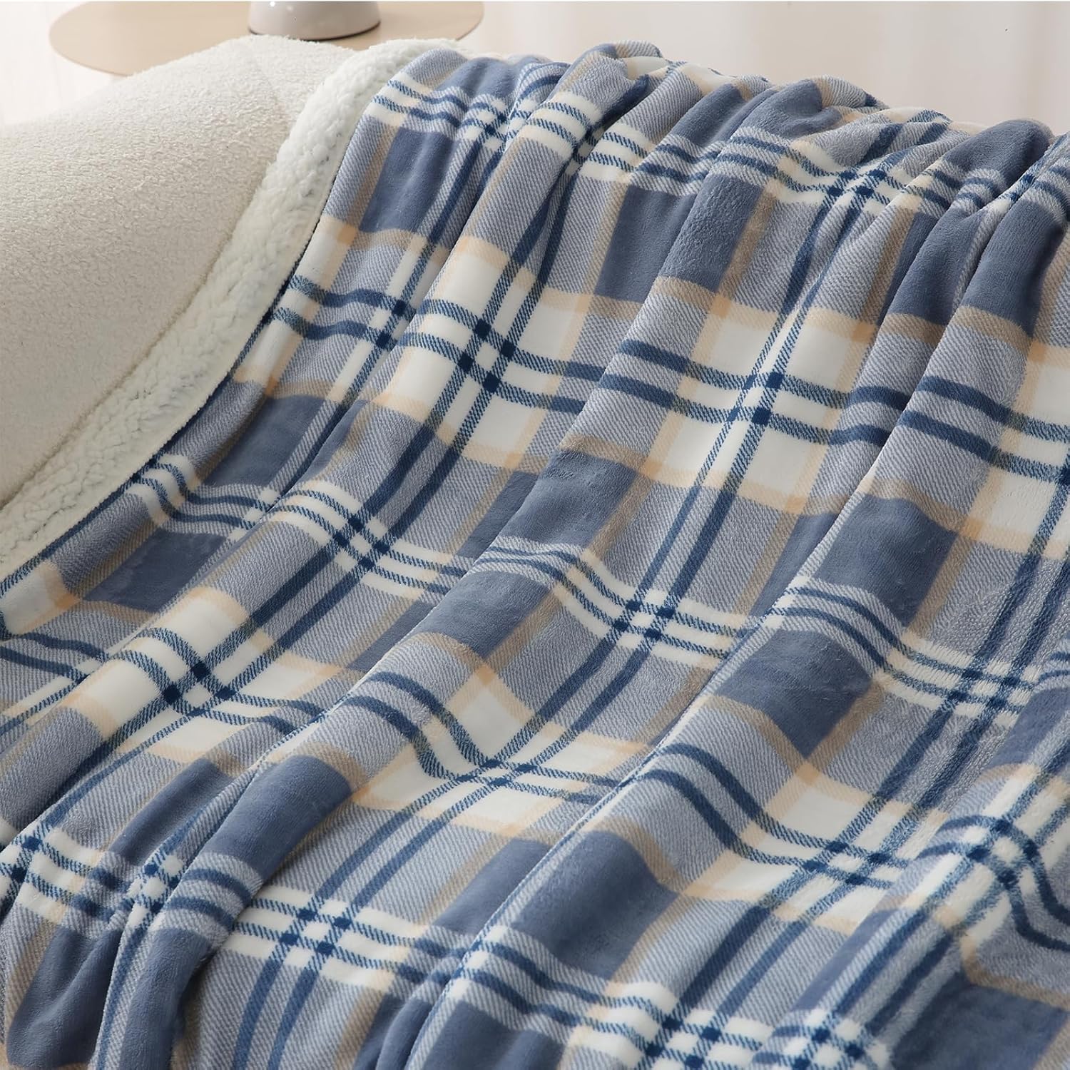 PU MEI Sherpa Blanket Queen Plaid - Blue White Check