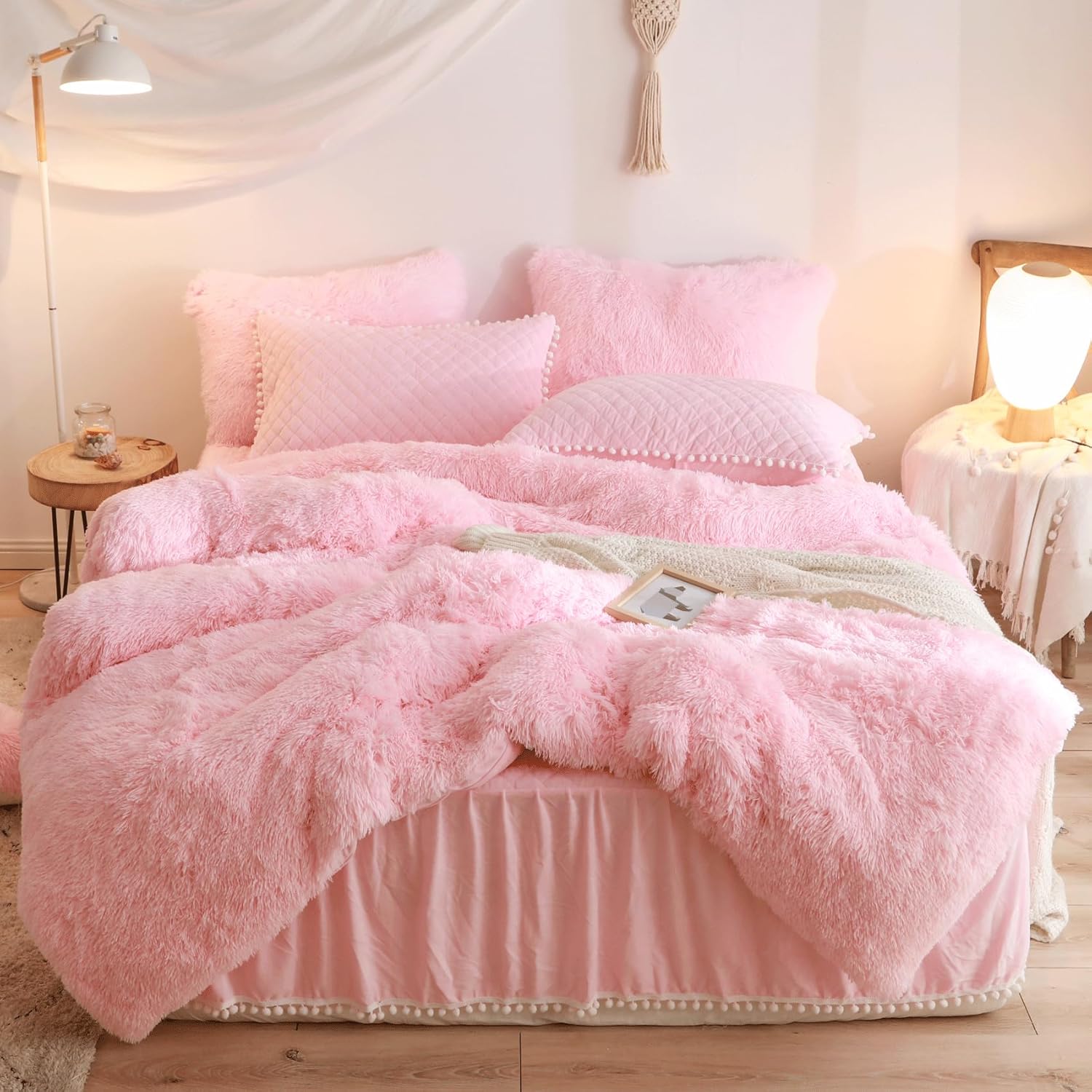 Fluffy Pink Duvet Cover Twin Set with Furry Pillowcases