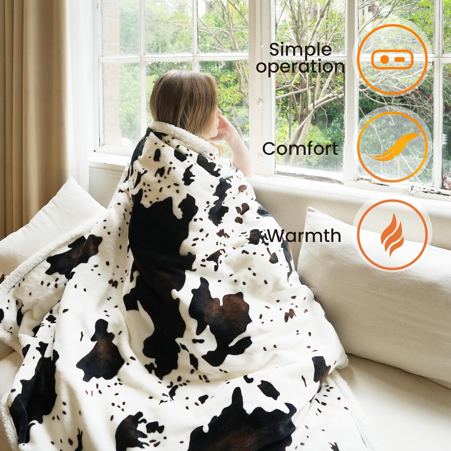Blunique Cow Print Heated Throw Blanket with 5 Heat Levels