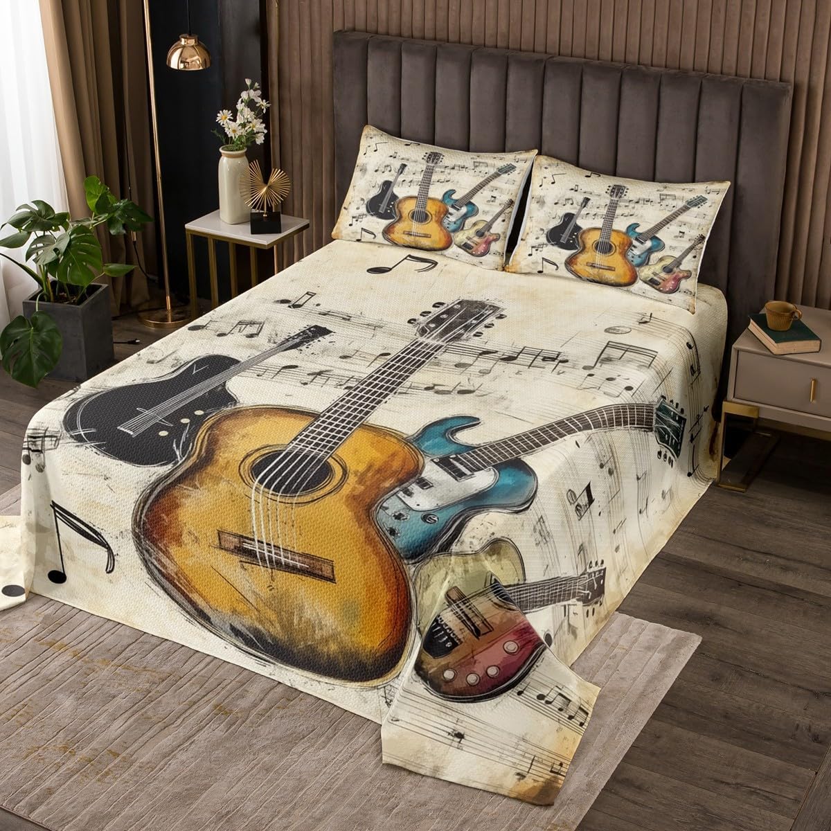 Retro Guitar Bedspread King Size 3Pcs Set