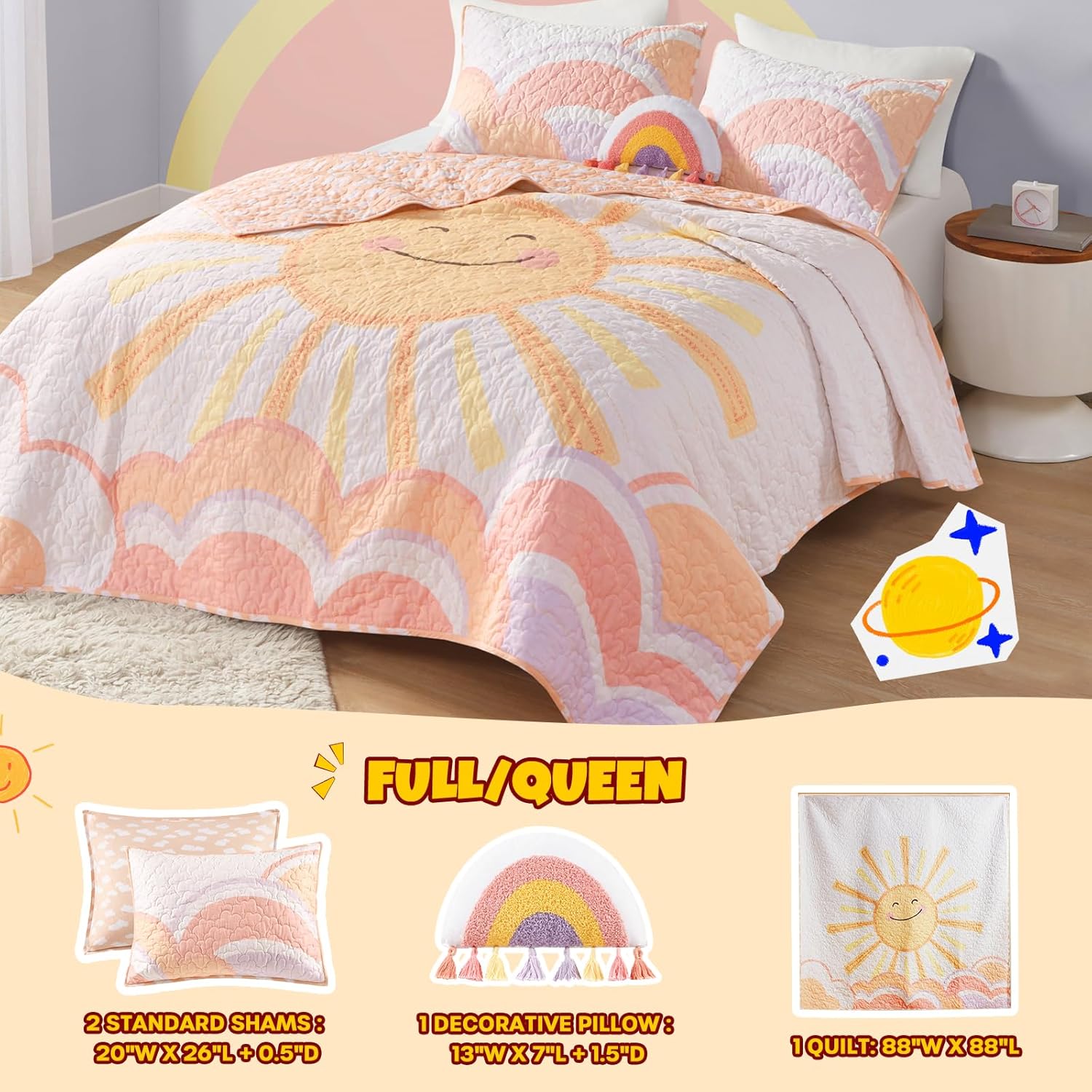 Urban Habitat Kids Queen Cotton Quilt Set with Reversible Coverlet and Throw Pillow
