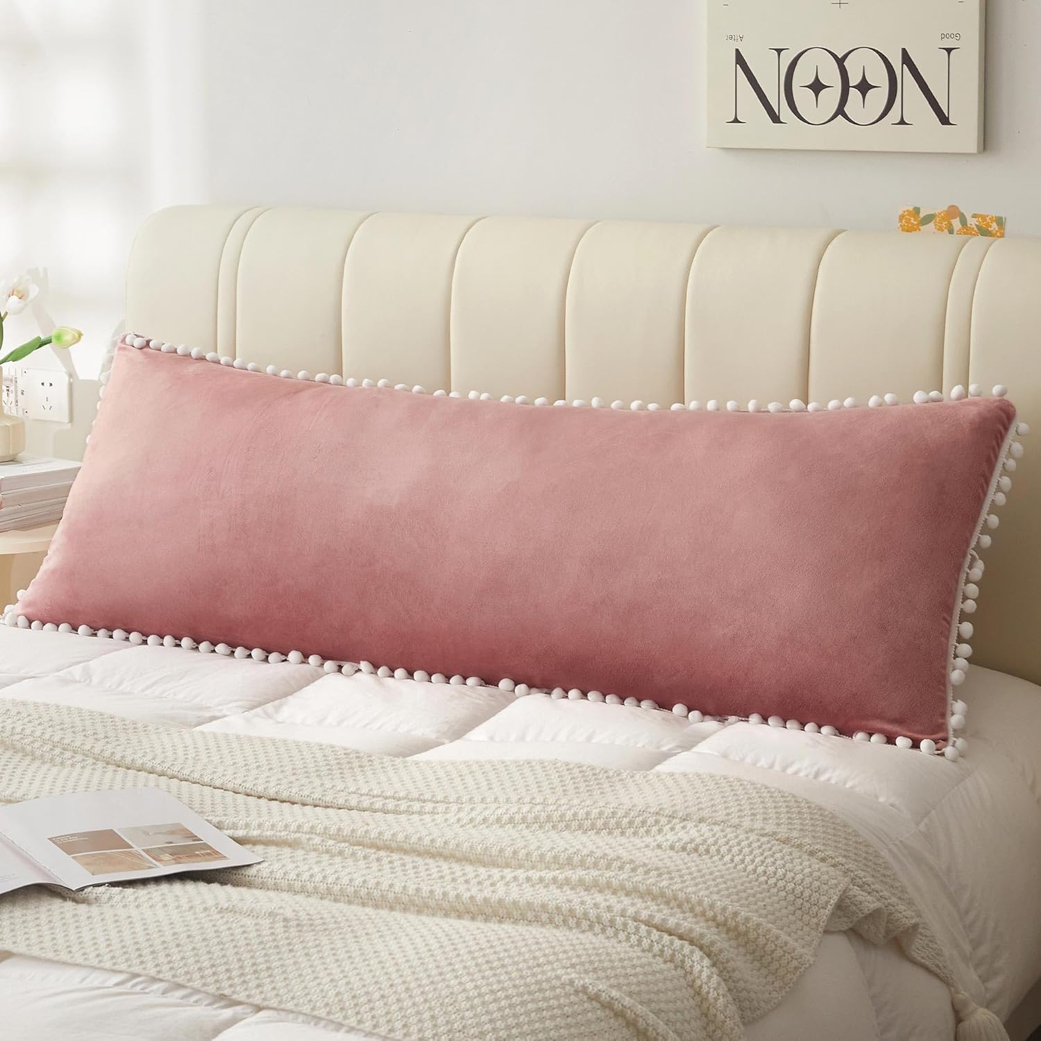 LIFEREVO Velvet Body Pillowcase with Pom-Poms 20x54 Old Pink