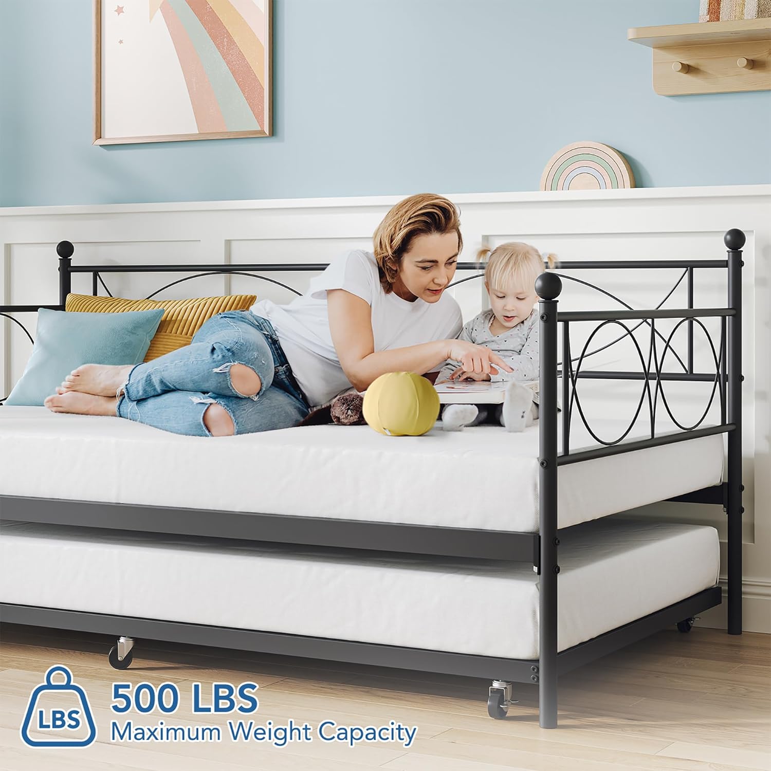 IDEALHOUSE Modern Black Metal Daybed with Trundle