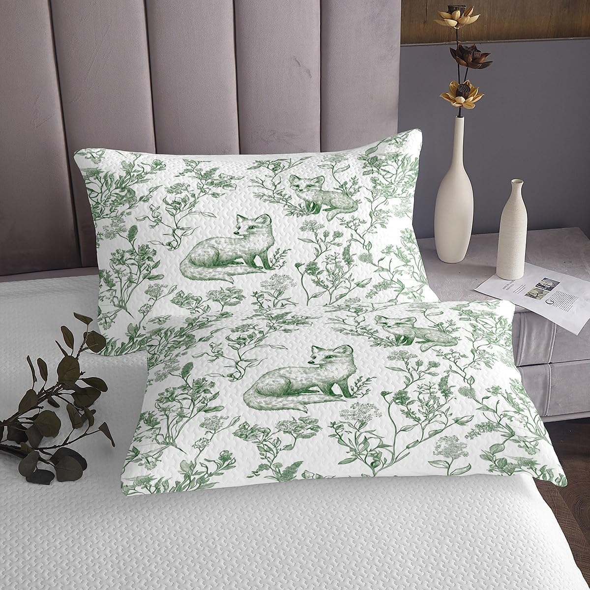 Erosebridal Kids Fox Quilt Set with Botanical Leaves Flowers