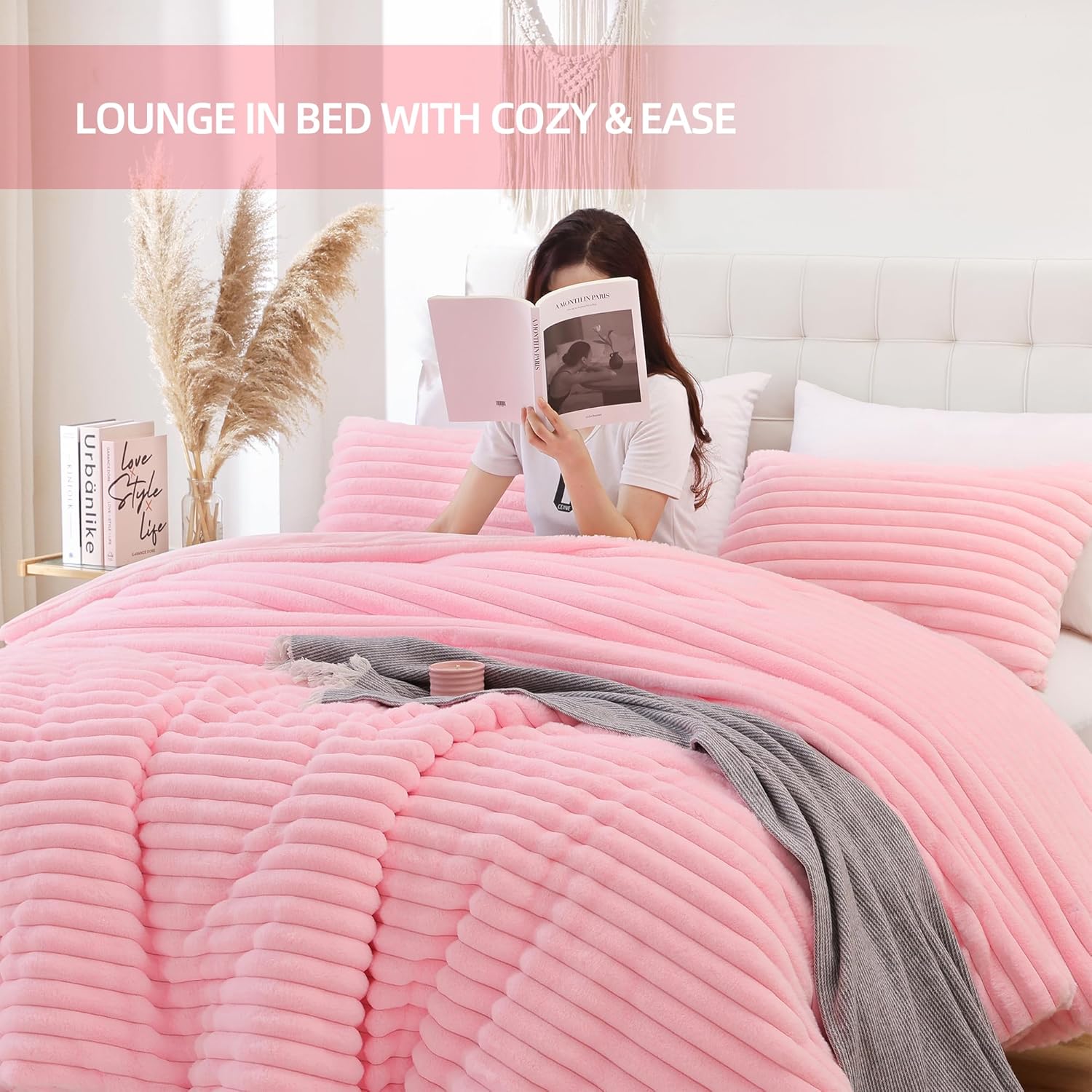 Smoofy Fluffy Queen Comforter Set 3 Pieces - Pink Fleece Micro-Mink