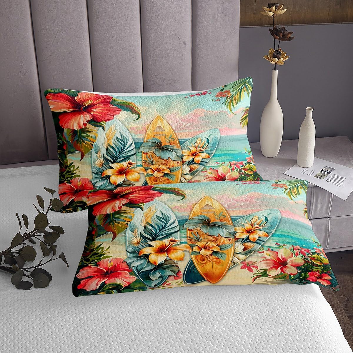 Manfei Queen Bedspread with Pillowcases Tropical Design