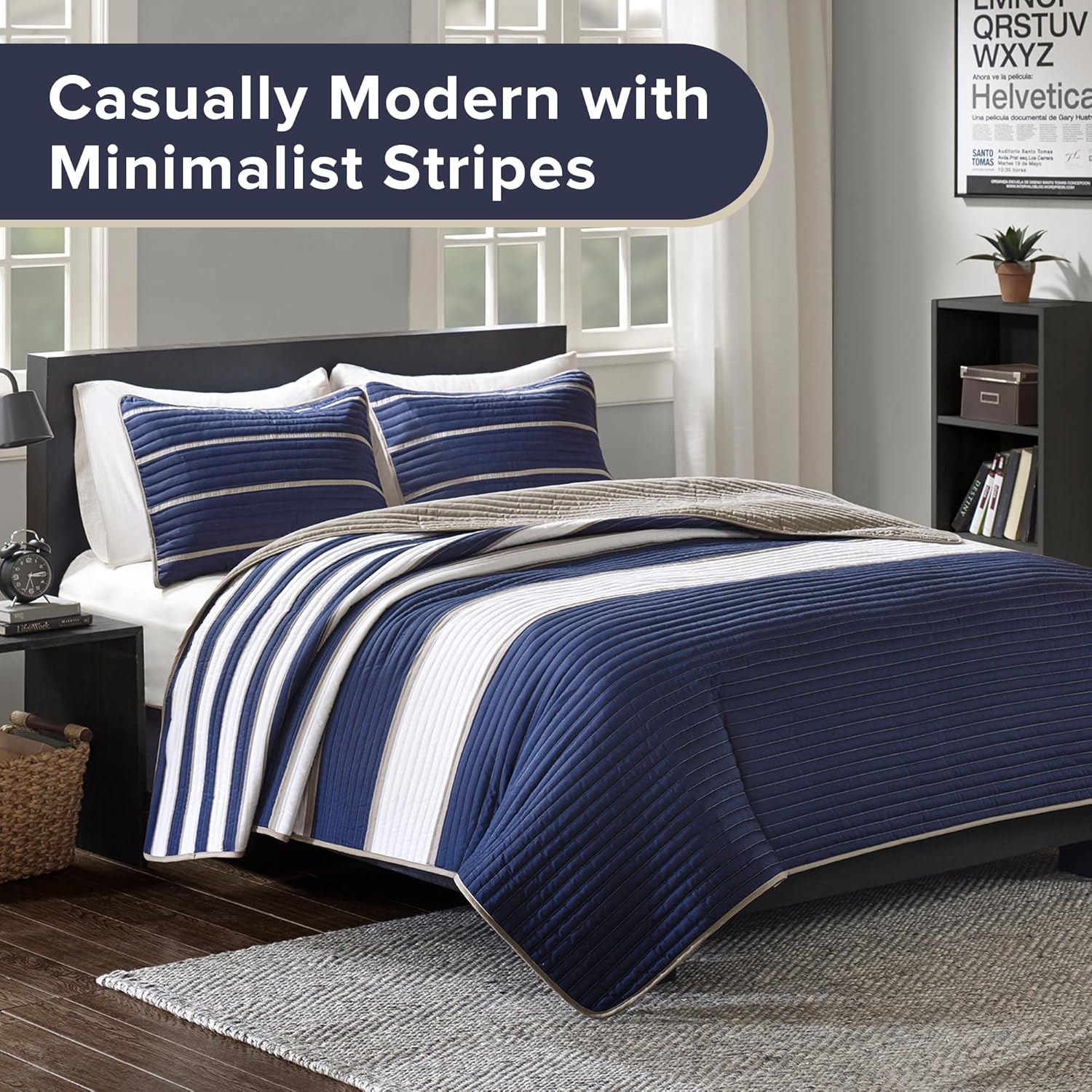 Comfort Spaces Quilt Set Twin Size White Blue Stripe
