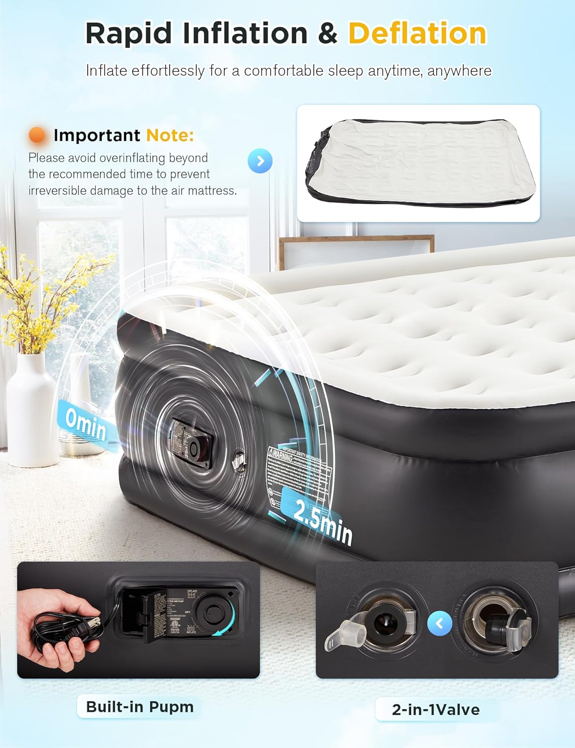 BUPPLEE 20 Queen Air Mattress with Built-in Pump - 600 lbs Support
