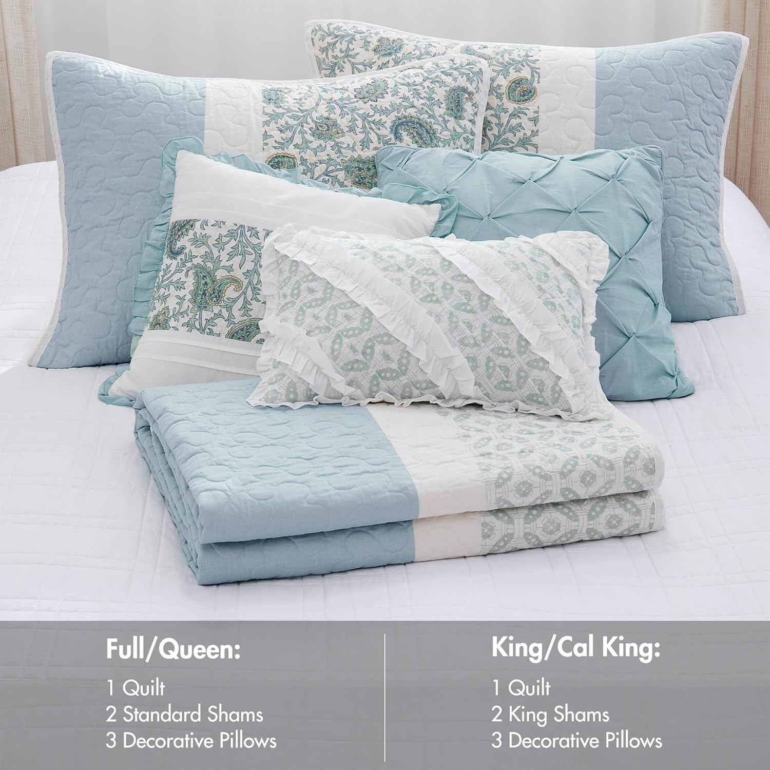 Madison Park Cotton Quilt Set Floral Print 6 Piece Light Teal