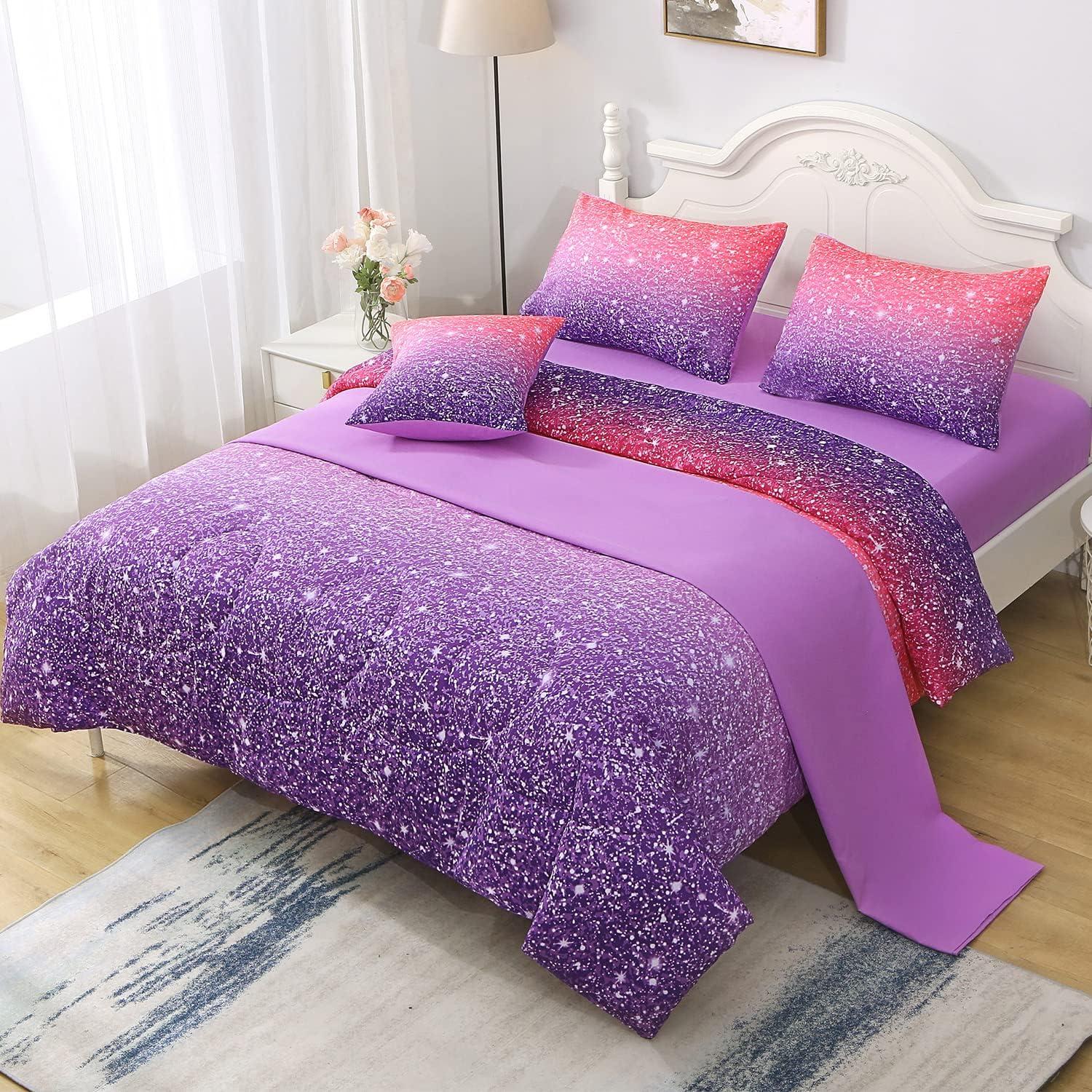 JQinHome Twin Pink Purple Comforter Set