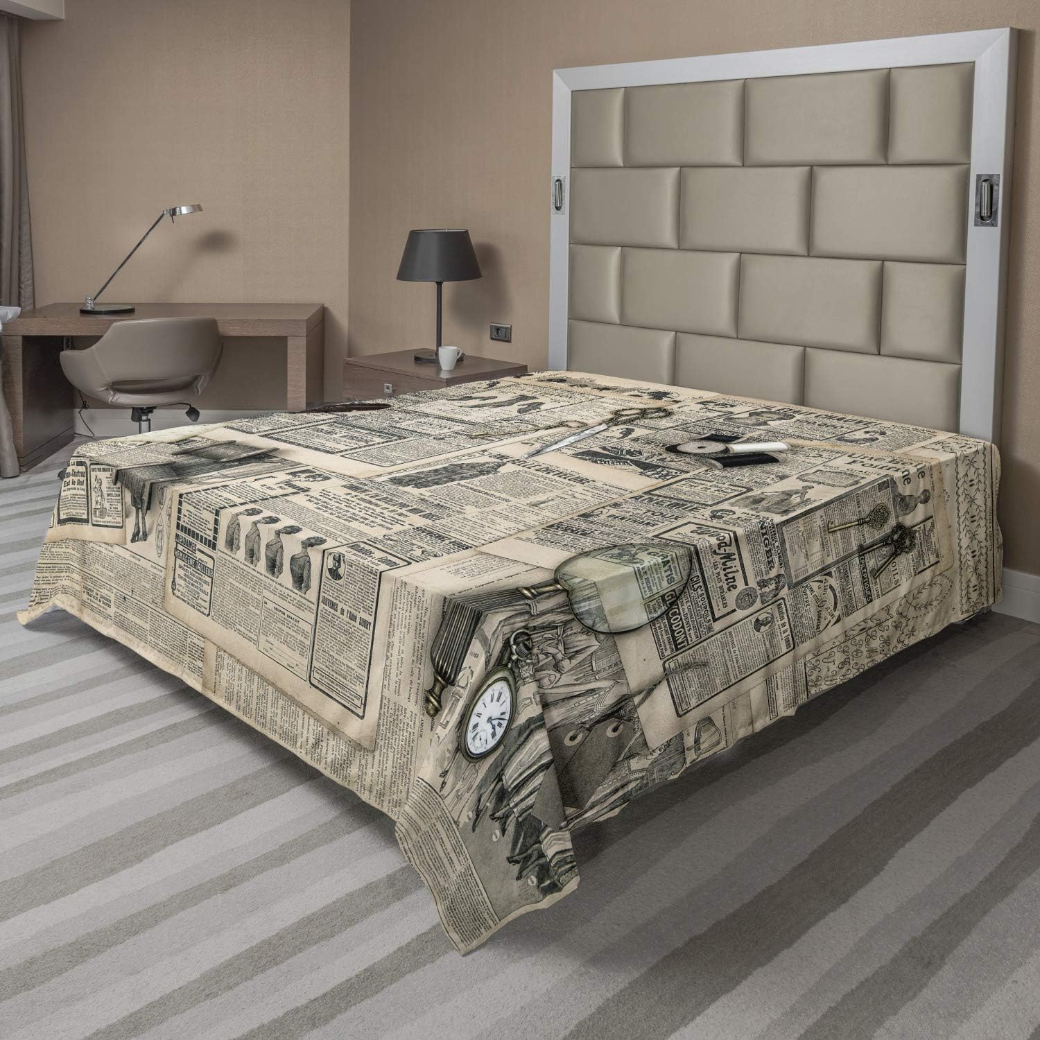 Ambesonne Clock Flat Sheet - California King Beige Black