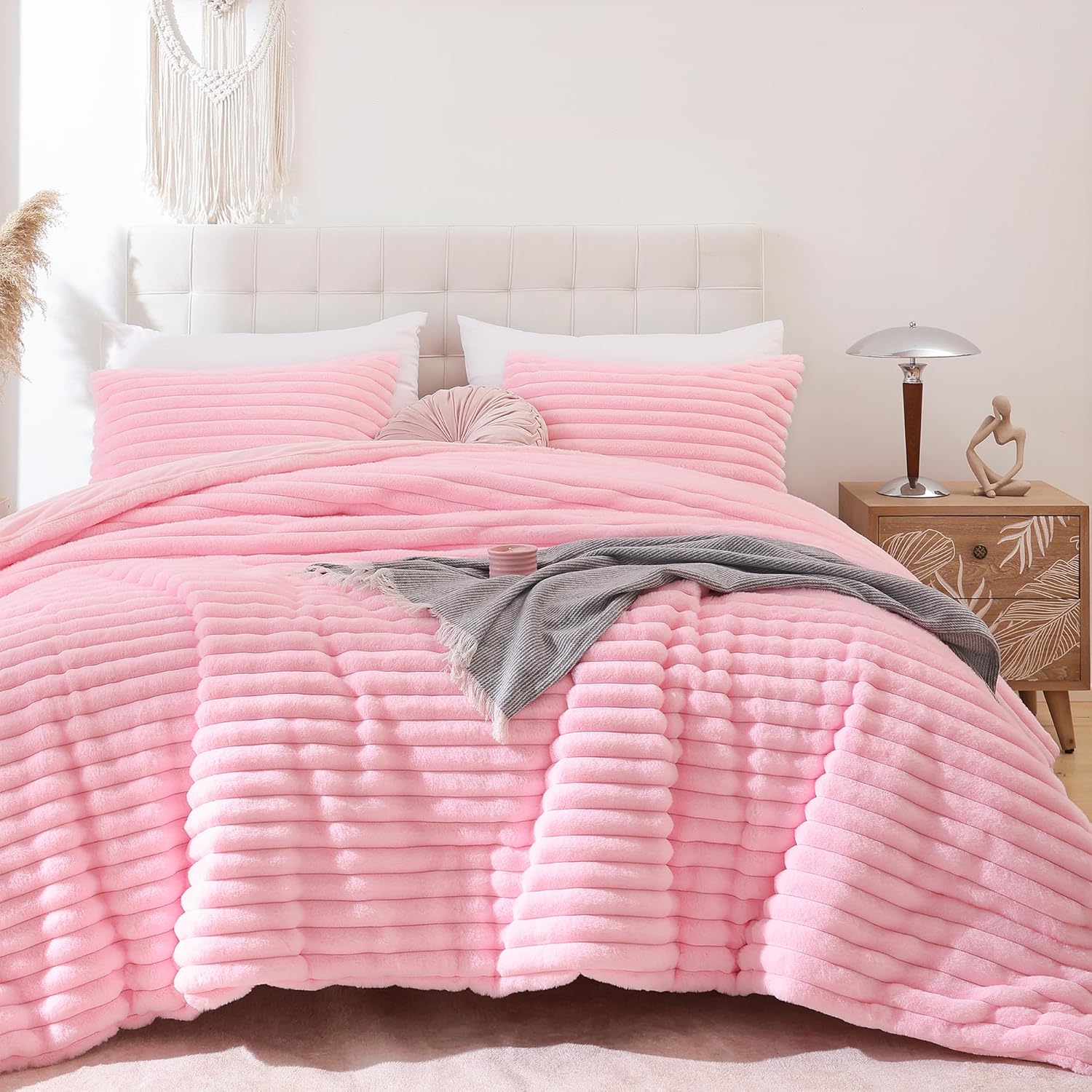Smoofy Fluffy Queen Comforter Set 3 Pieces - Pink Fleece Micro-Mink