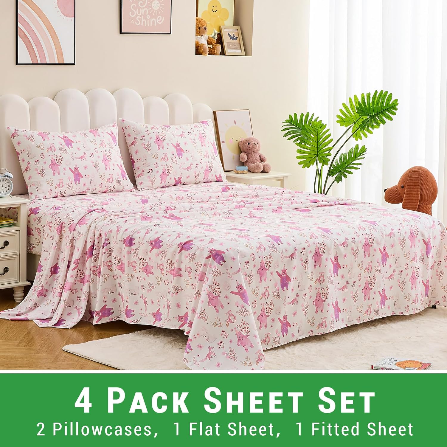 Gogreen Kids Bed Sheet Set Full Size 4PCS Pink Bear