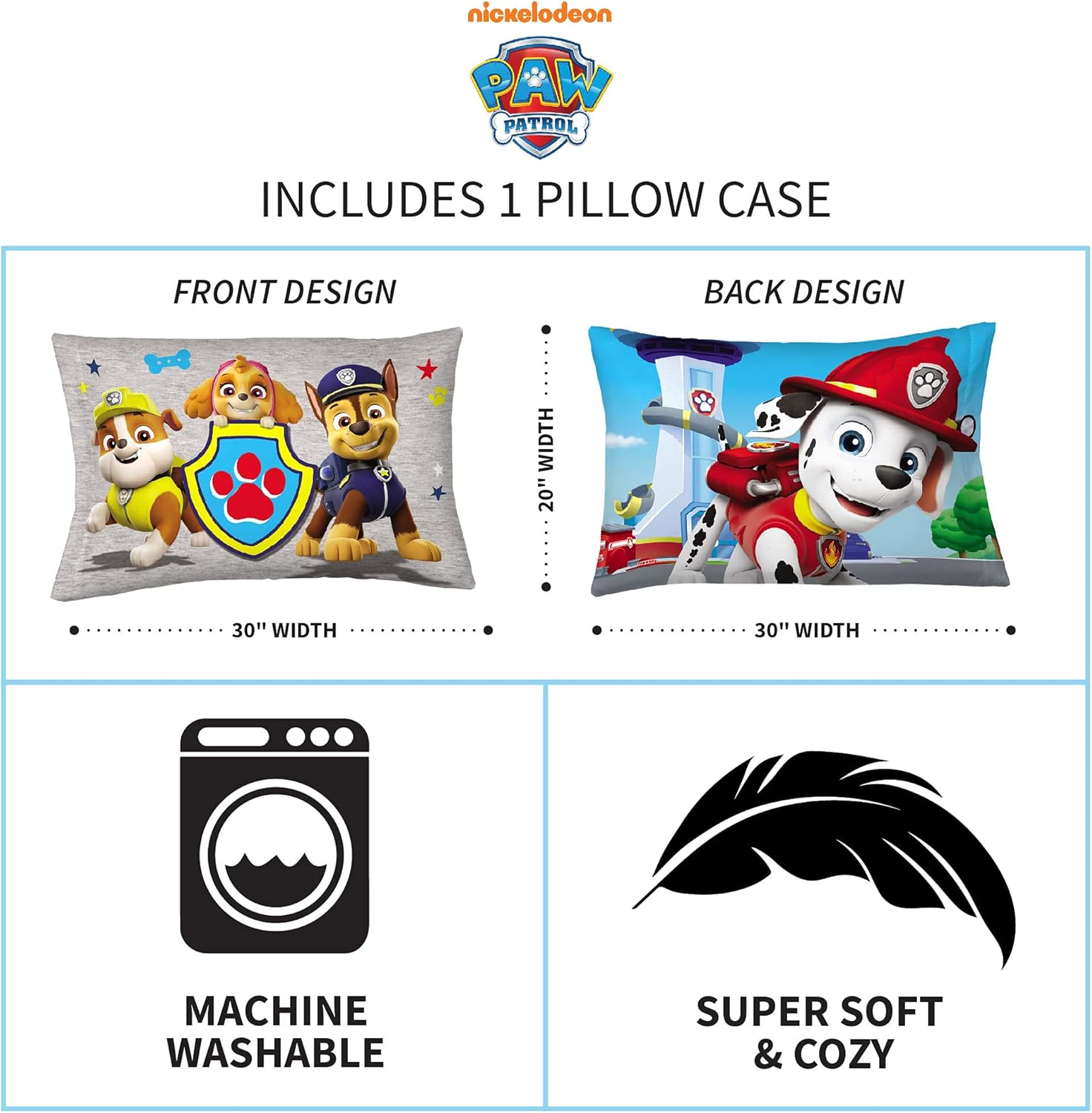Franco Kids Reversible Microfiber Pillowcase 20x30 Paw Patrol