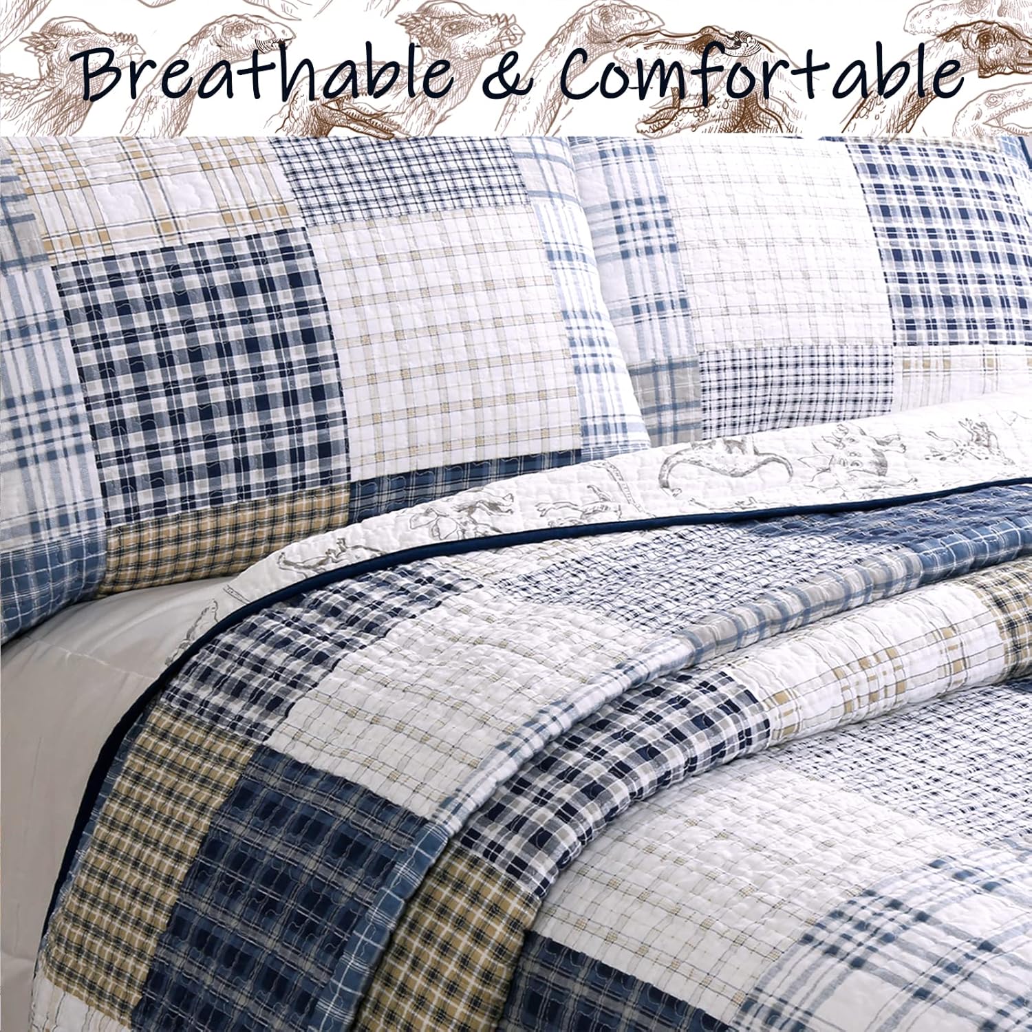 Cozy Line Benjamin Dinosaur Plaid Quilt Set Twin 2 Piece