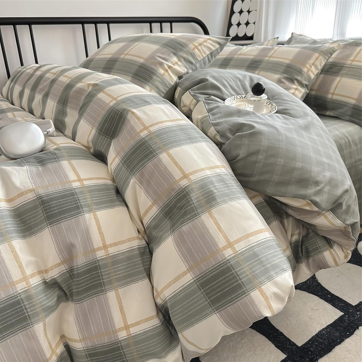 VM VOUGEMARKET Green Plaid Duvet Cover Set Queen 3 Piece