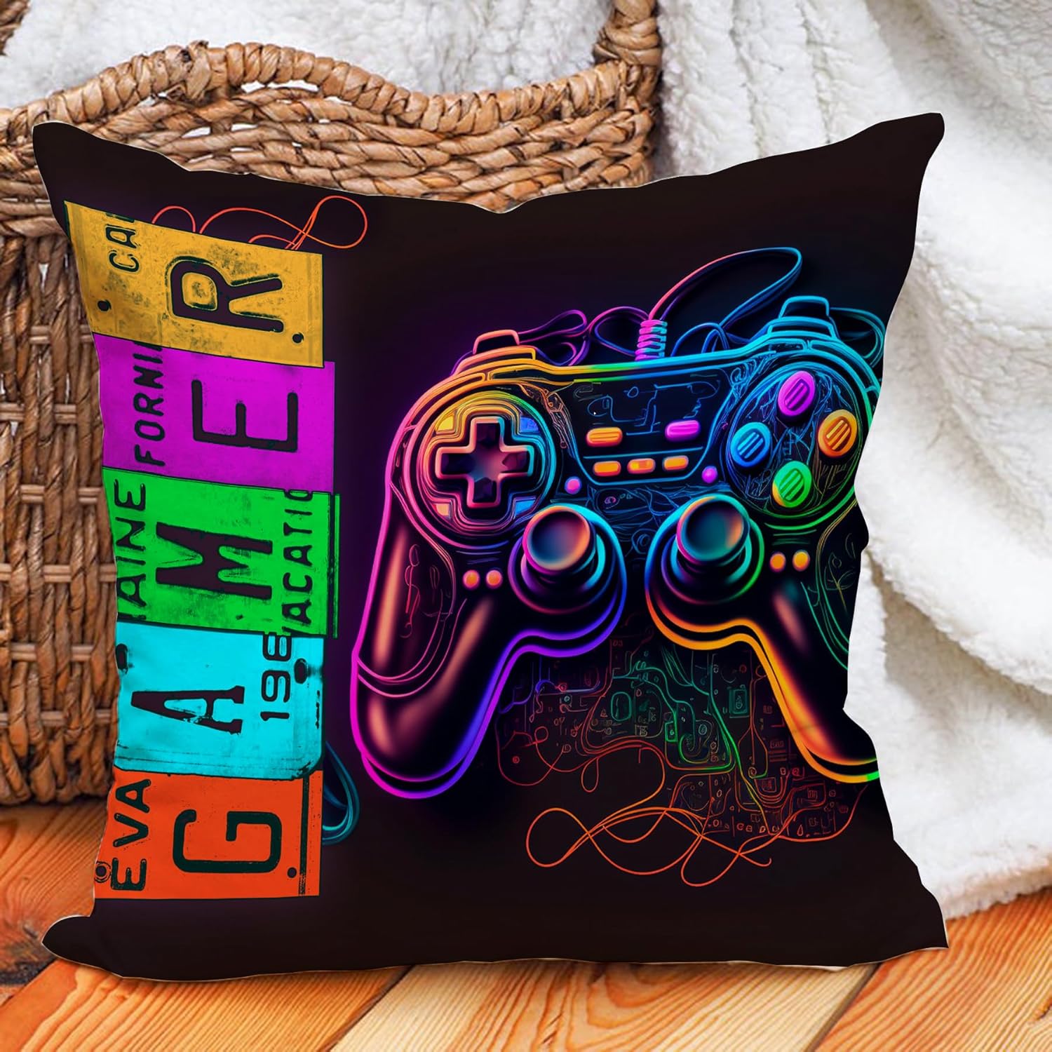 Leaveland Neon Gaming Throw Pillow Cover 18x18 Inch 1