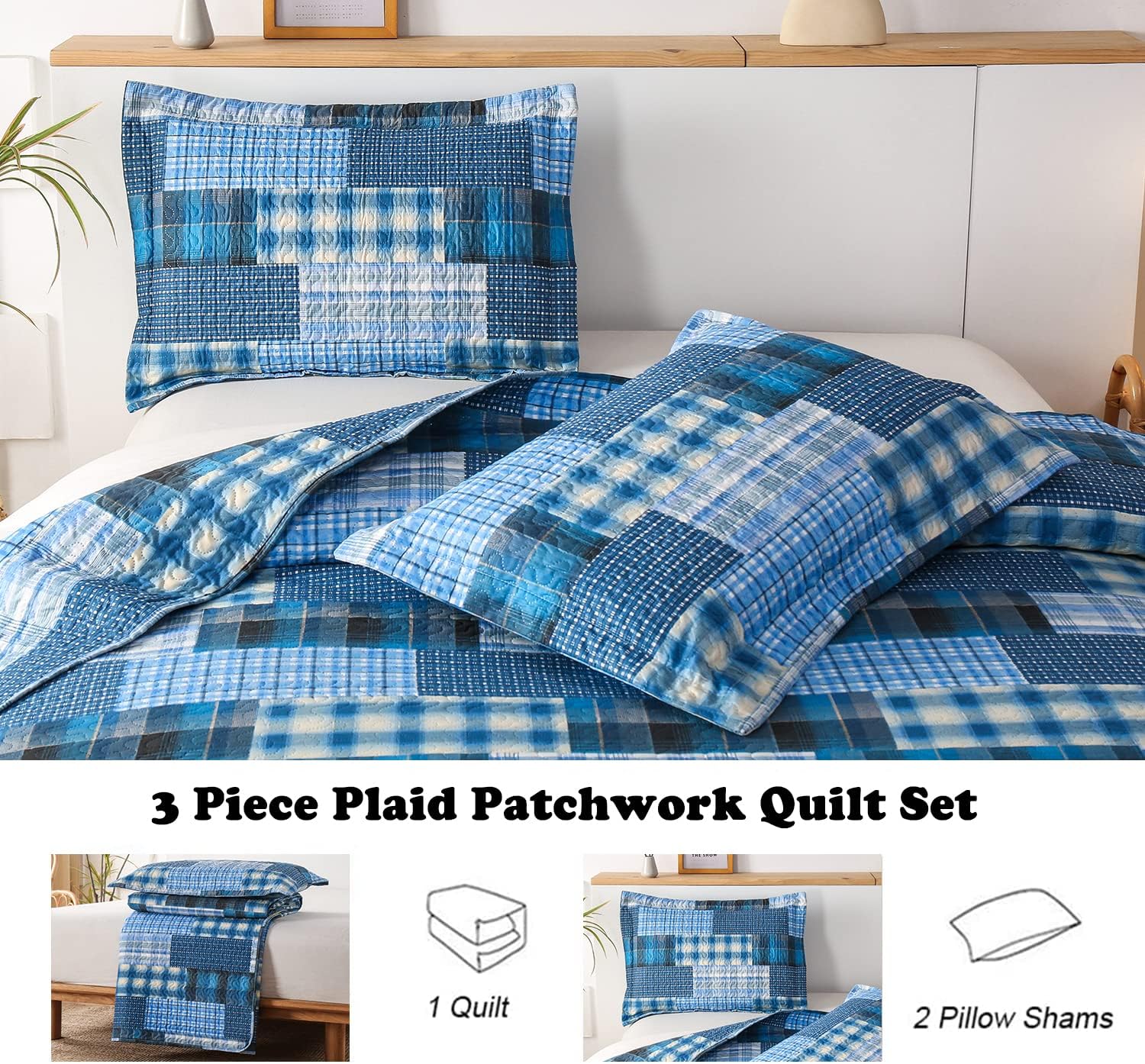 Jessy Home Queen Size Plaid Patchwork Quilt Set