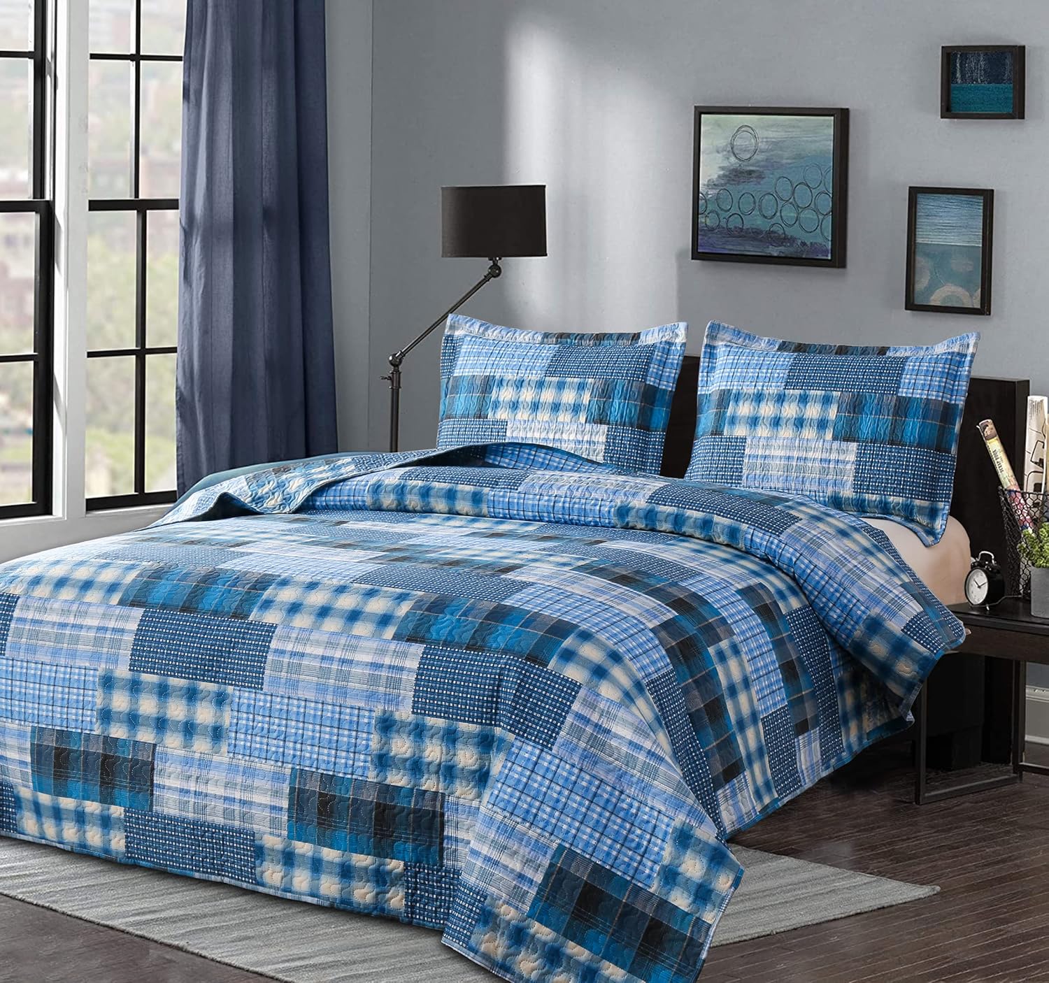 Jessy Home Queen Size Plaid Patchwork Quilt Set