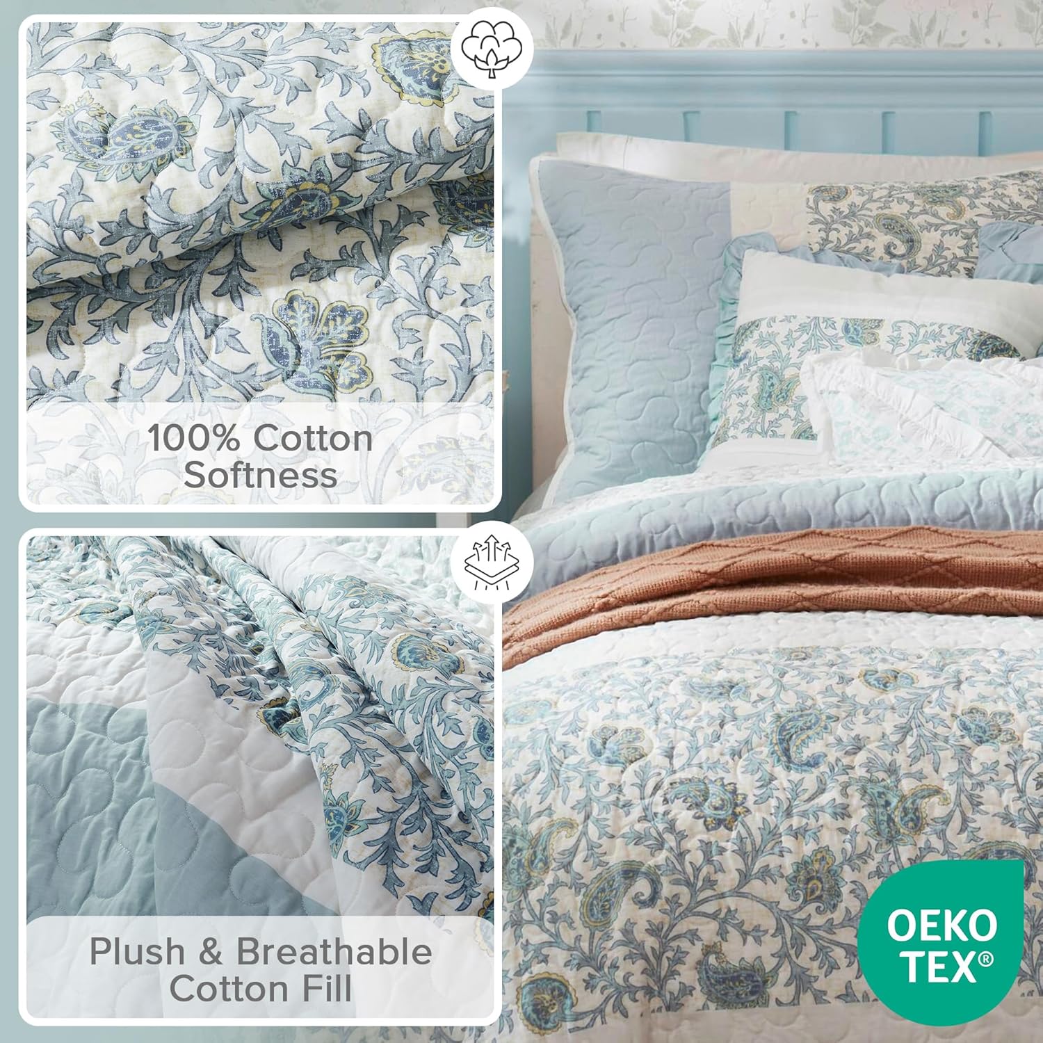 Madison Park Cotton Quilt Set Floral Print 6 Piece Light Teal