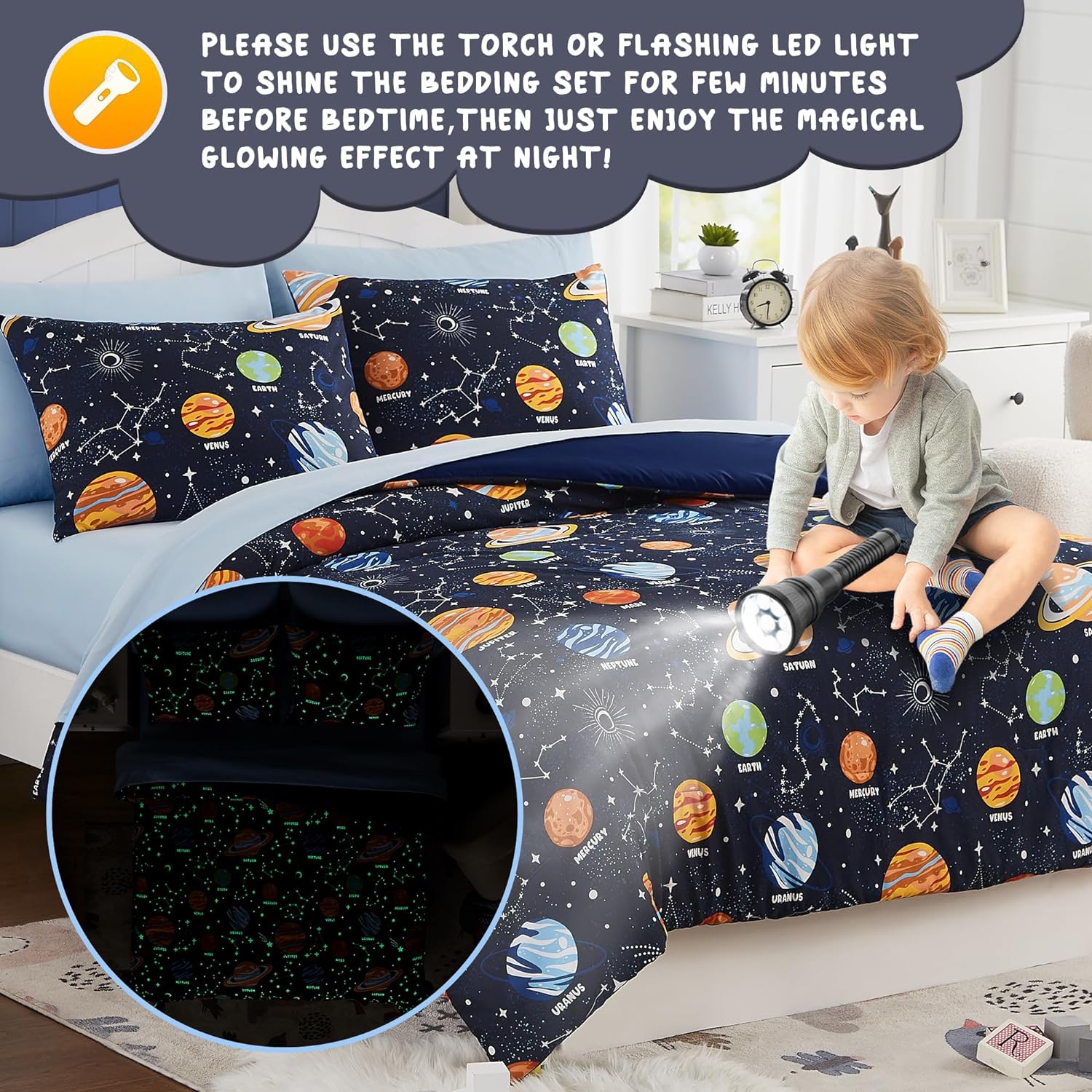 Glow in the Dark Space Comforter Set for Kids - Twin Bedding