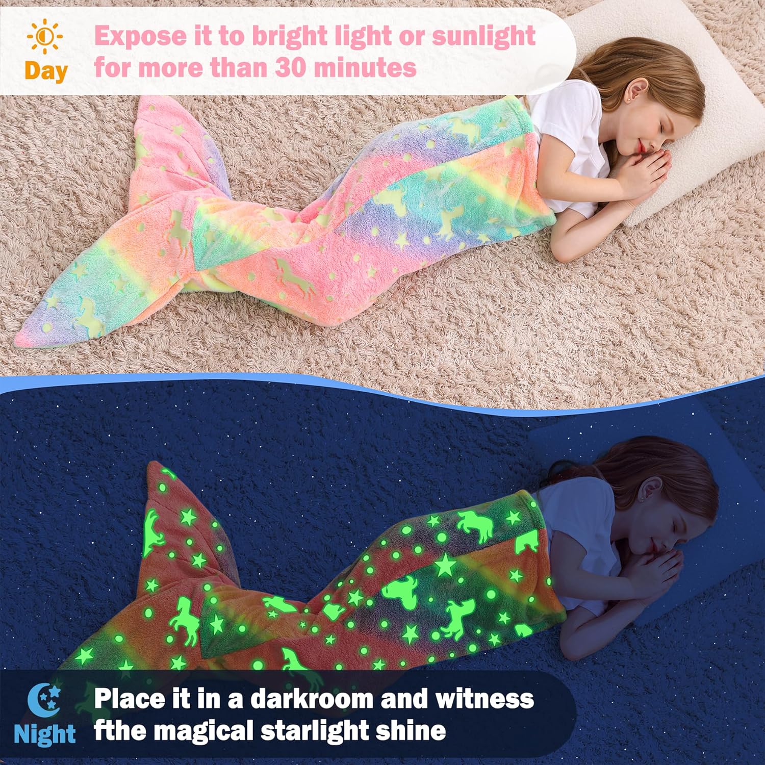 Viviland Kids Mermaid Tail Blanket - Glow in the Dark