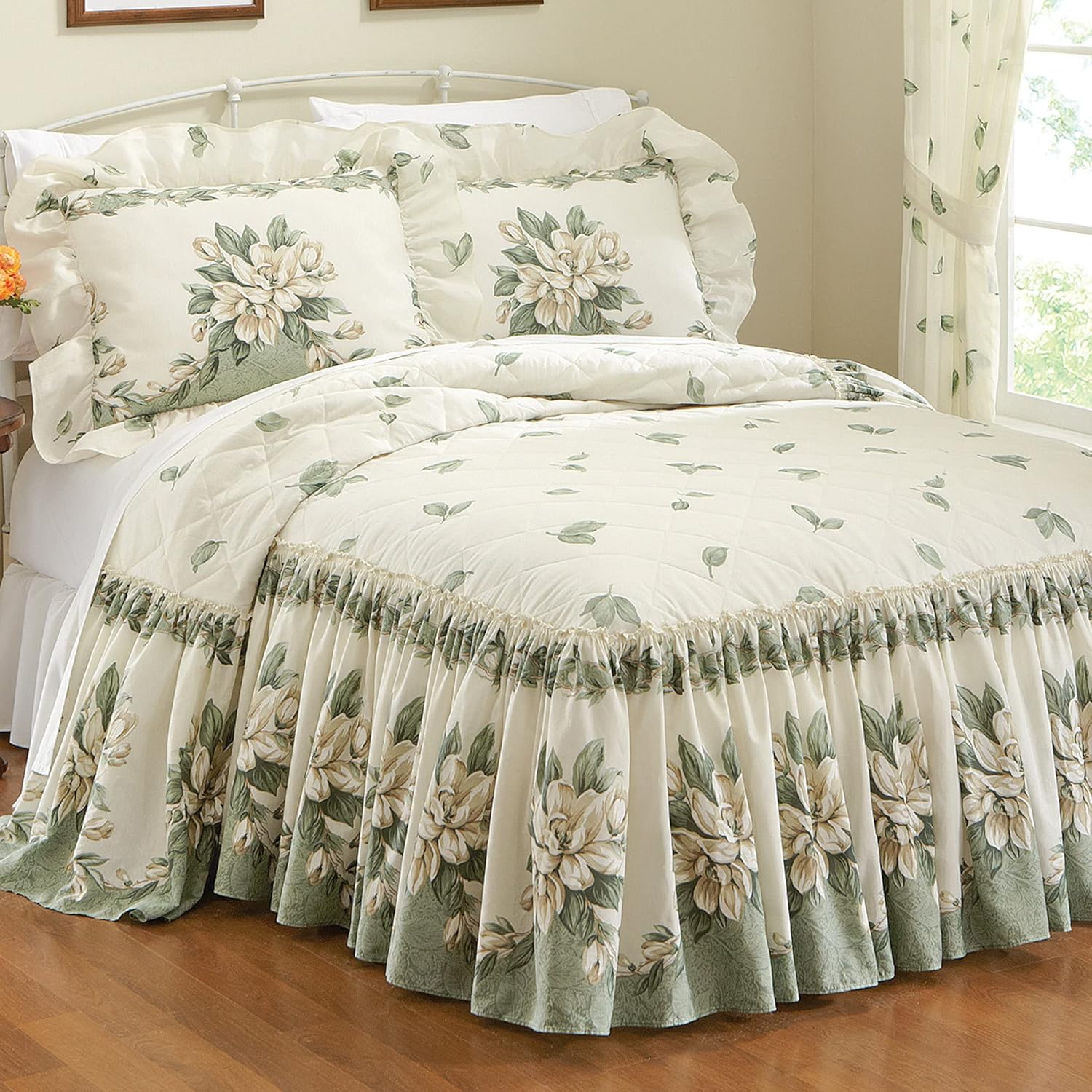 Collections Etc Magnolia Garden Floral Ruffle Bedspread - Sage Full