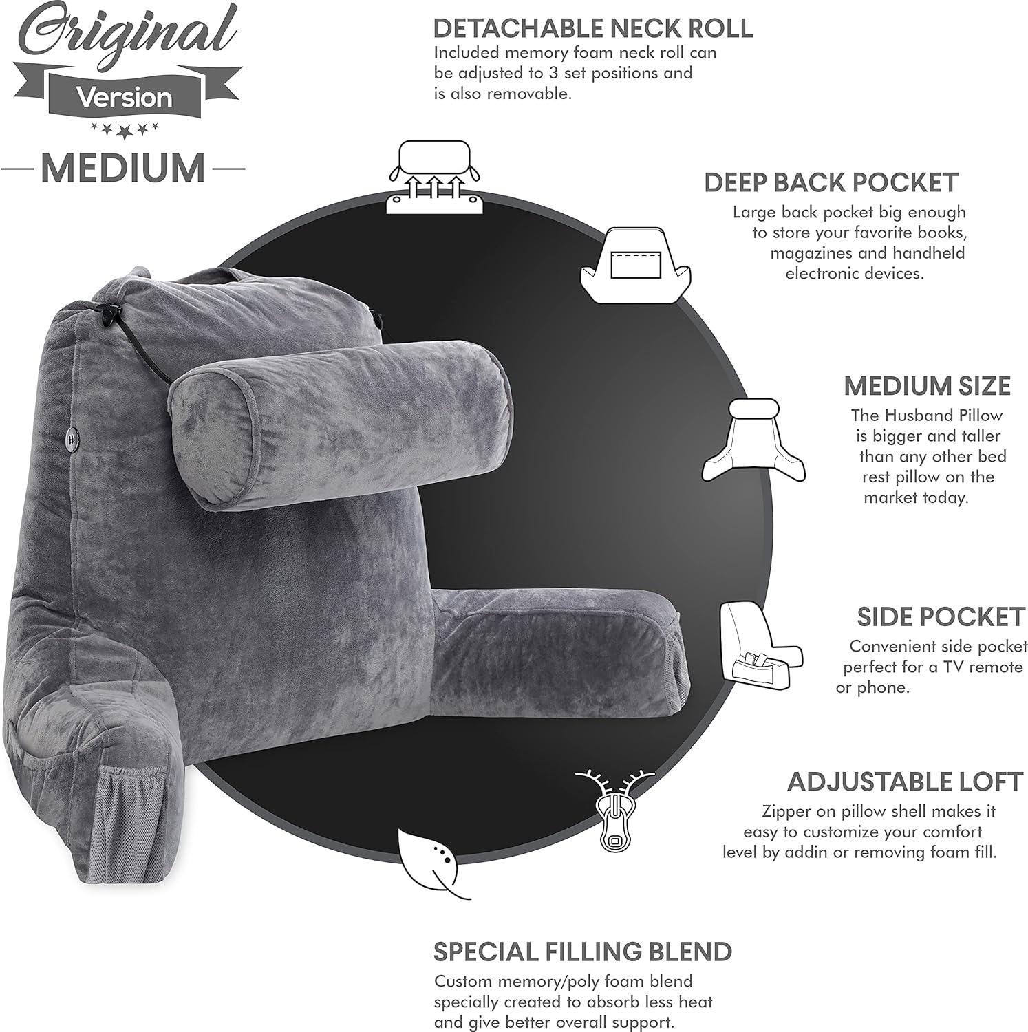 Husband Pillow Medium Dark Grey - Reading and Bed Rest Pillow