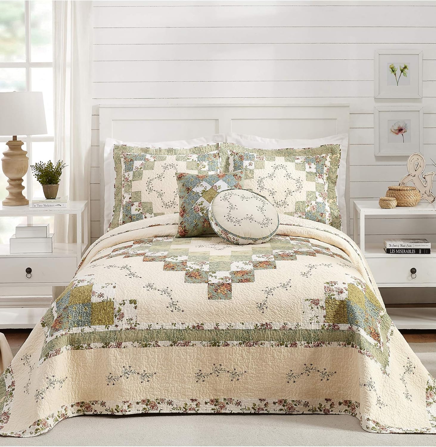 Olivia Embroidered Quilted Bedspread - King GreenCream