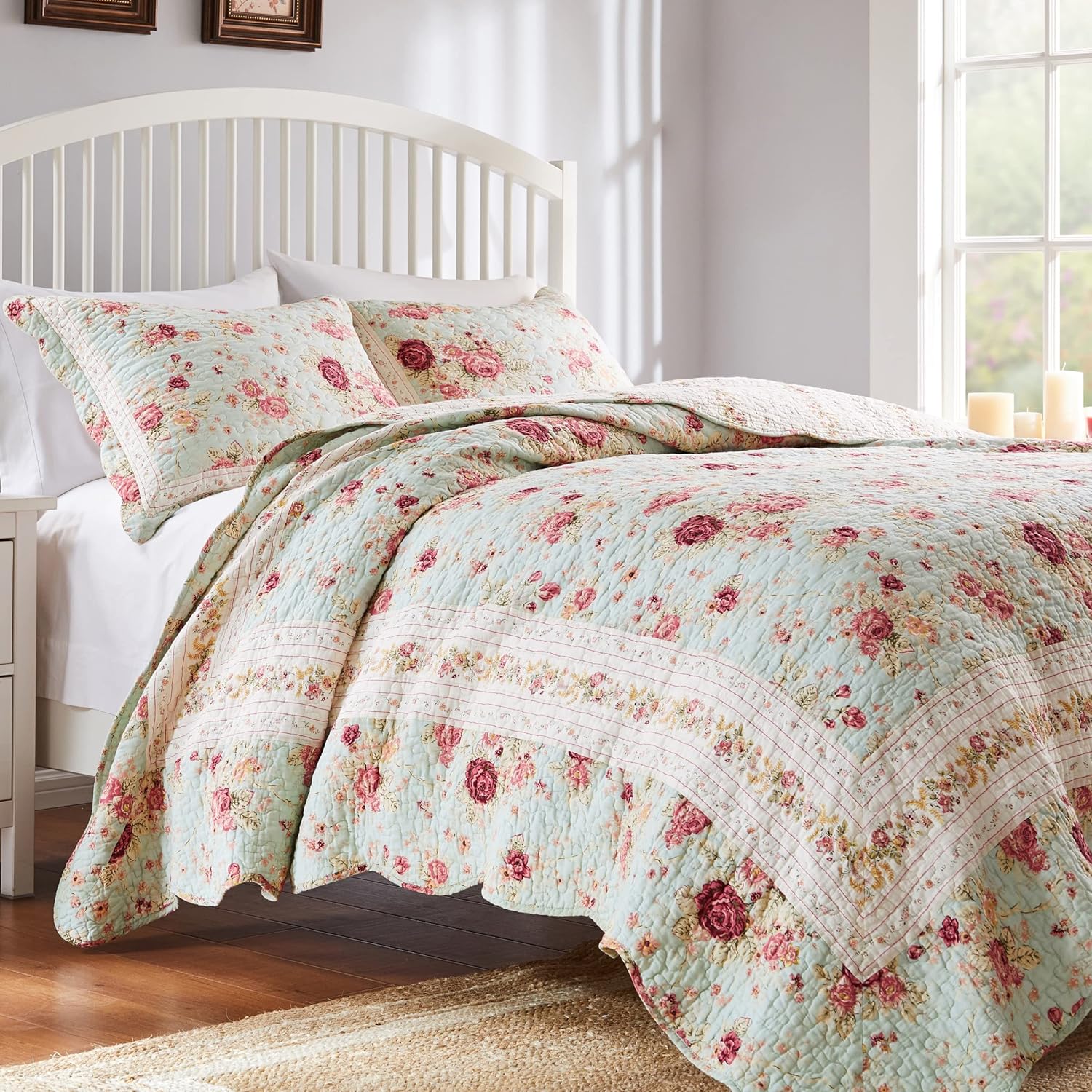 Greenland Home Antique Rose 100 Cotton Quilt Set Blue