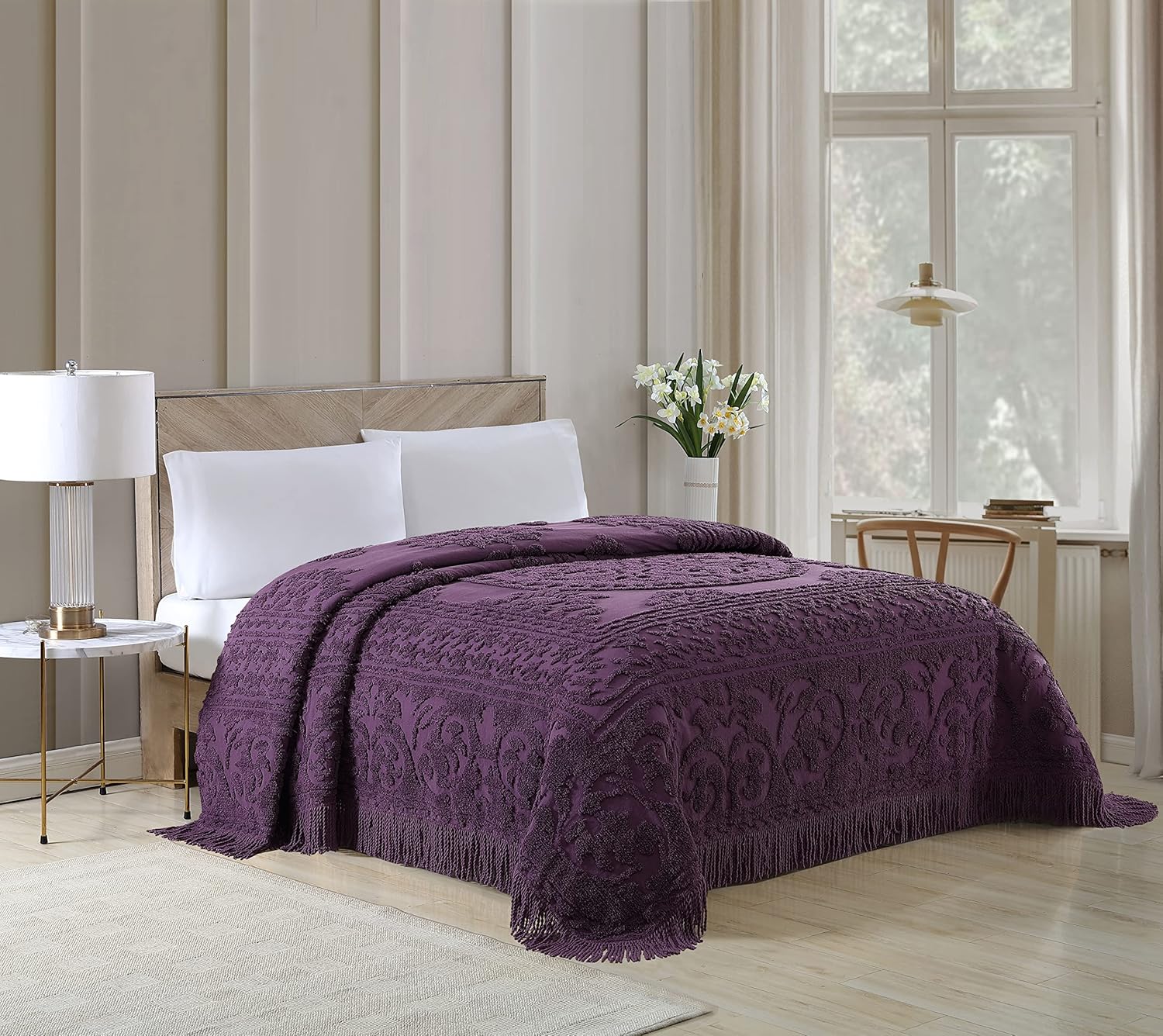 Beatrice Home Fashions Medallion Chenille Bedspread Queen Eggplant 1