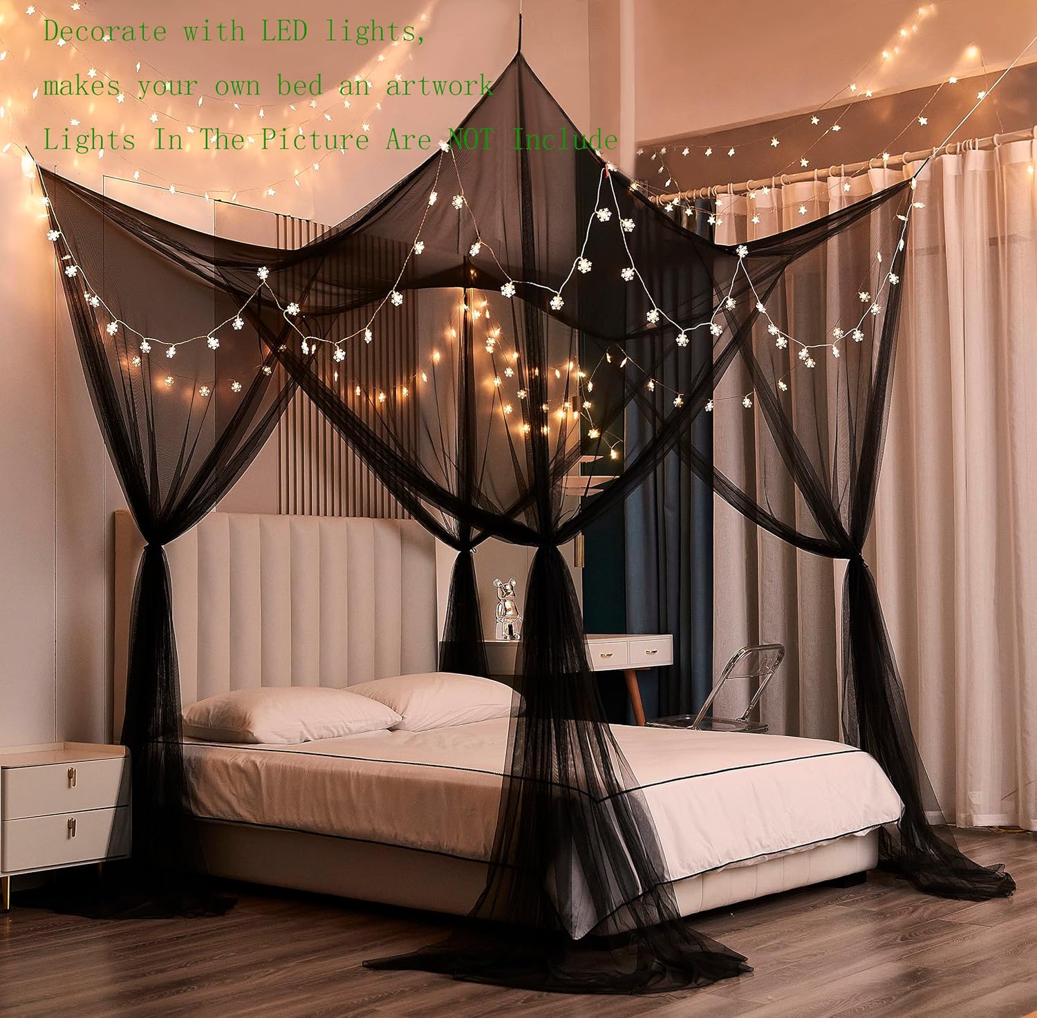 Mengersi Black Bed Canopy with 4 Openings Gothic Halloween Decor