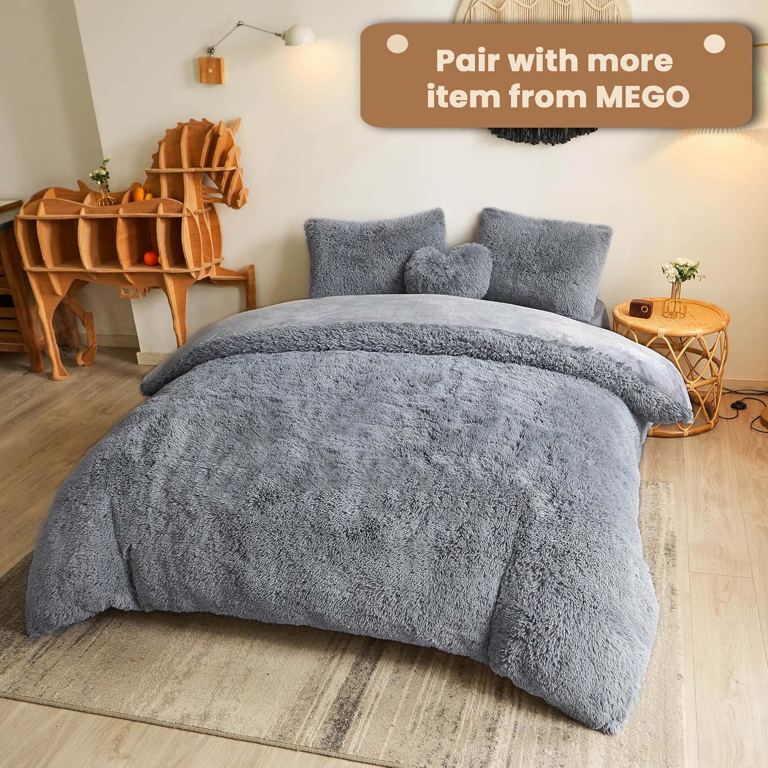 MEGO Shaggy Plush Body Pillow Cover Light Grey 54x20