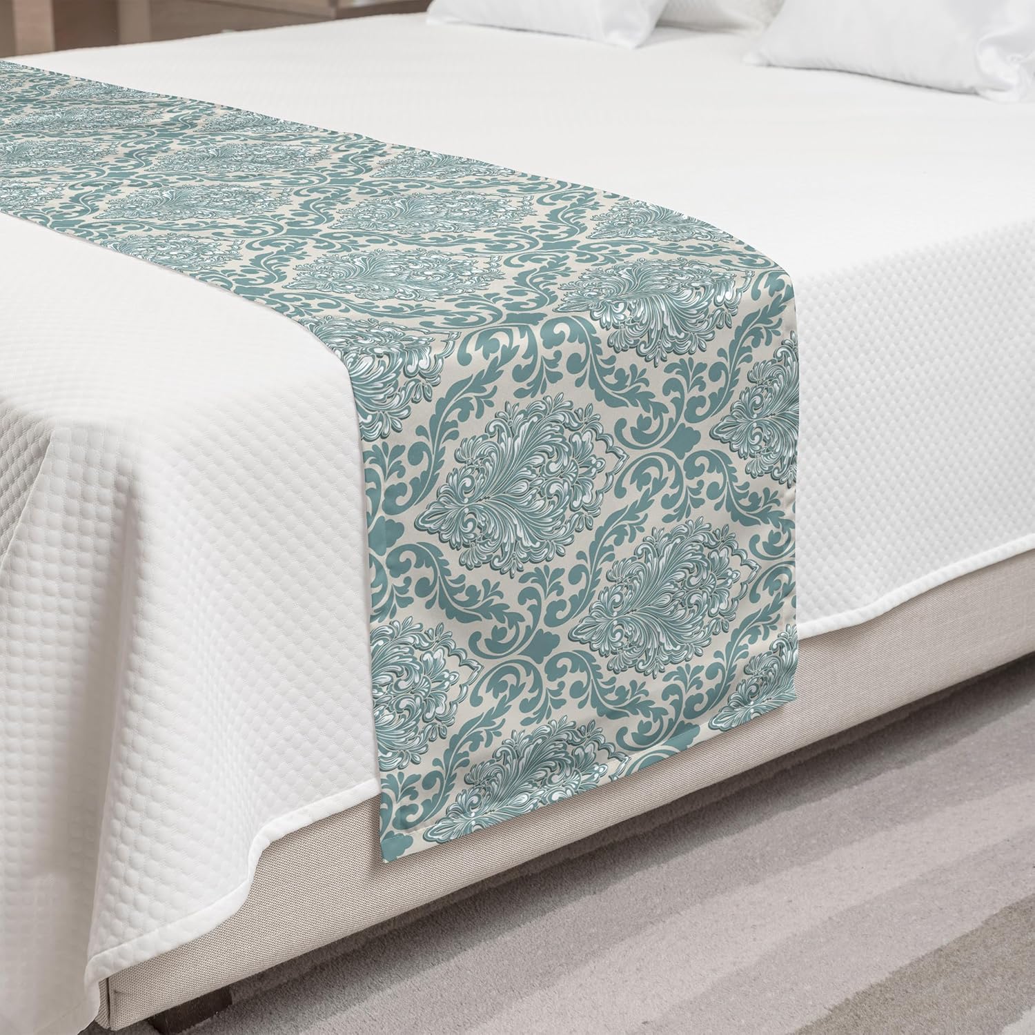 Ambesonne Damask Bed Runner Pale Teal Queen Size