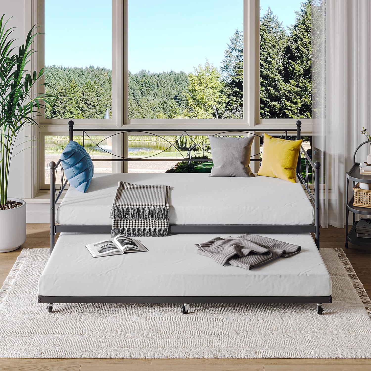 IDEALHOUSE Modern Black Metal Daybed with Trundle