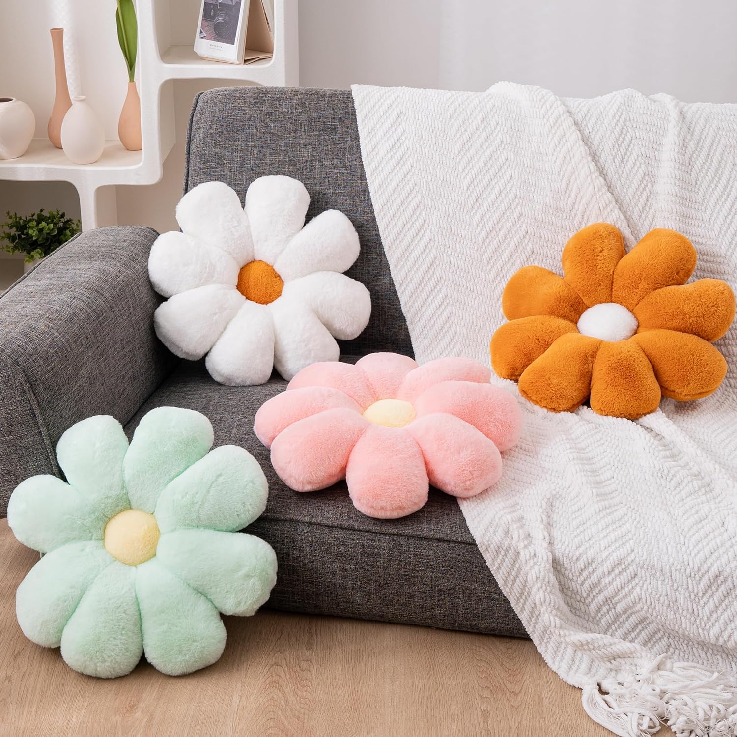 2 Pcs Daisy Flower Throw Pillows Set Pink White