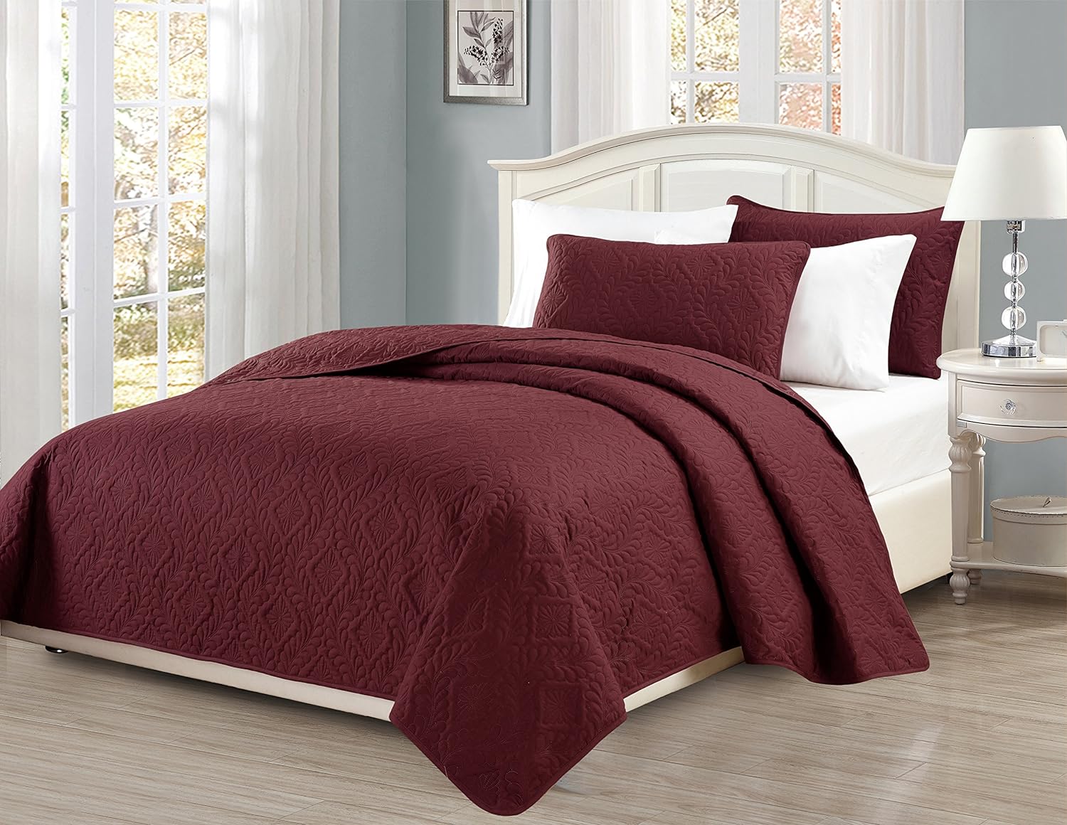 MK Home Diamond Burgundy Bedspread Set 3pc KingCalifornia King
