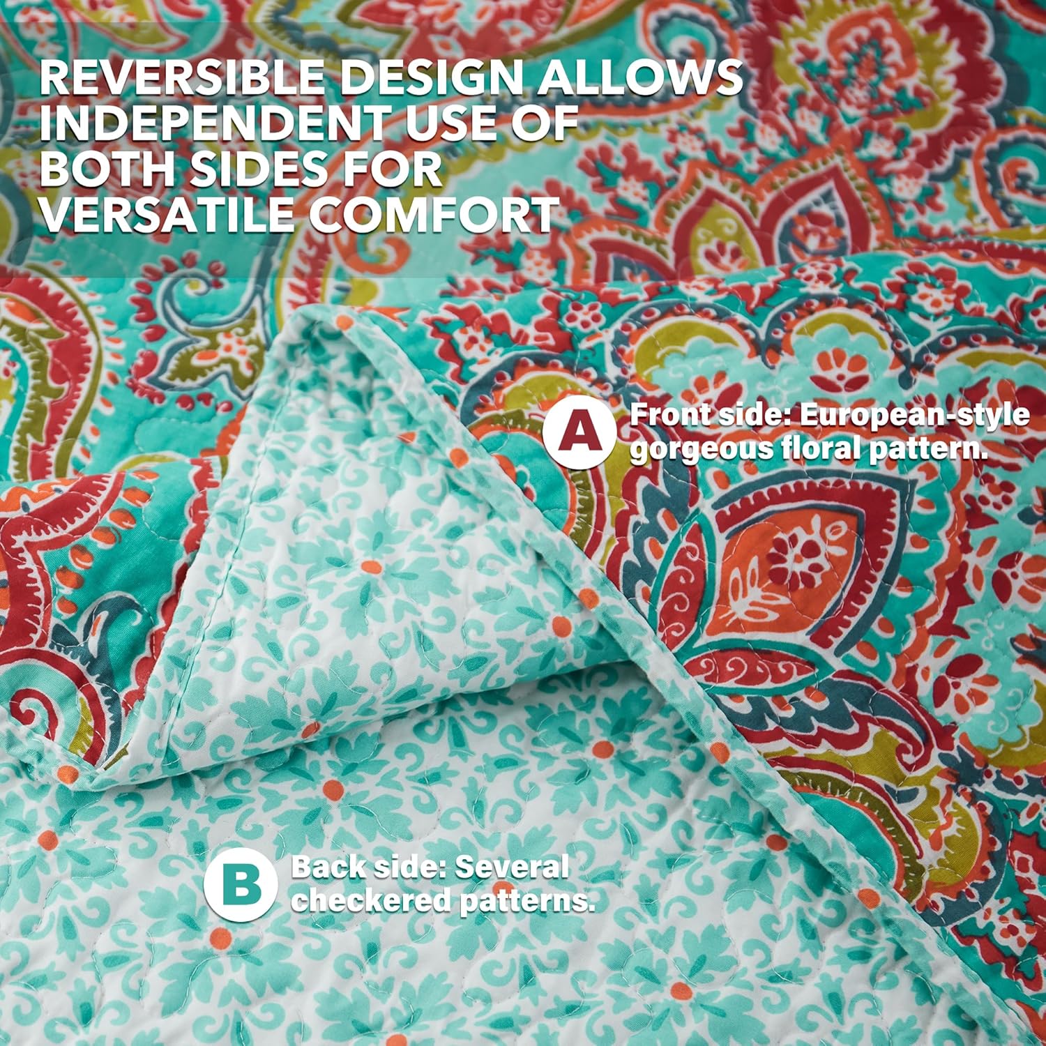 NEWLAKE Reversible Patchwork Quilt Set King Size Cotton