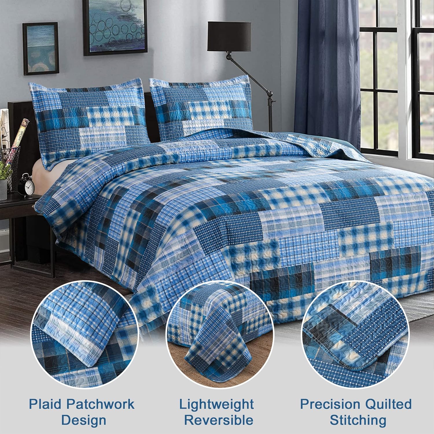 Jessy Home Queen Size Plaid Patchwork Quilt Set