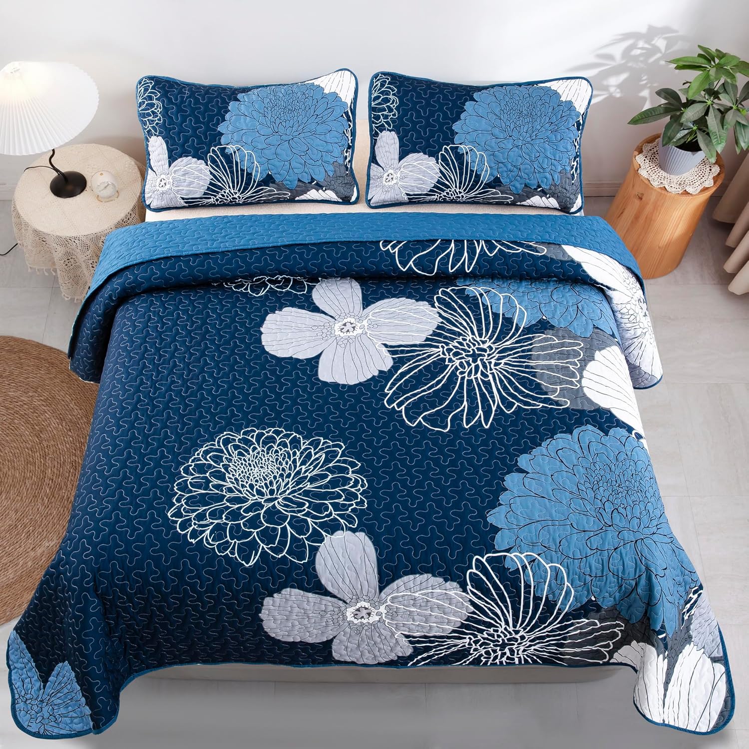 Anibedding Navy Blue Floral Quilt Set 3 Pieces Reversible Microfiber