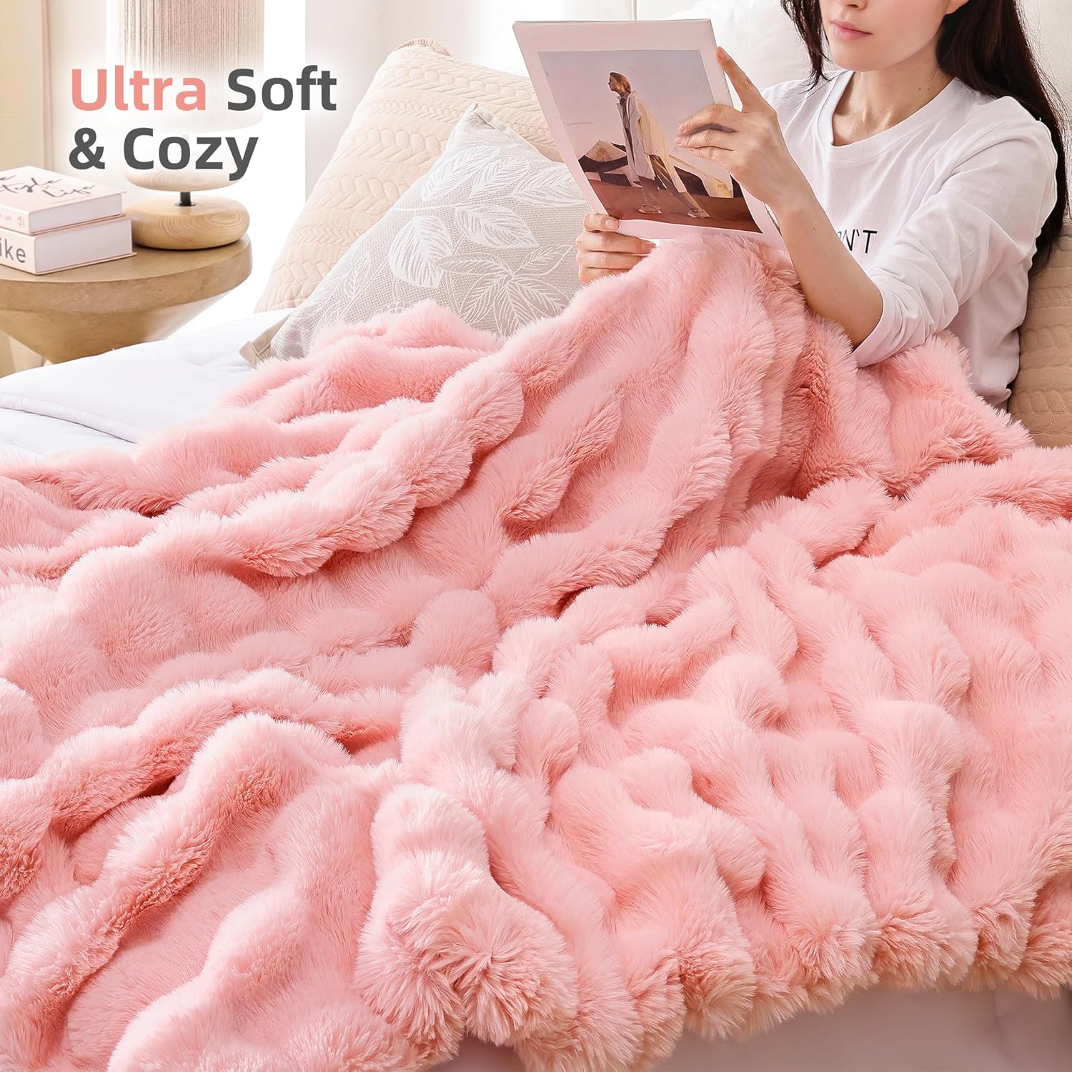 Smoofy Blush Pink Faux Fur Throw Blanket 50 x 60 Cozy Soft