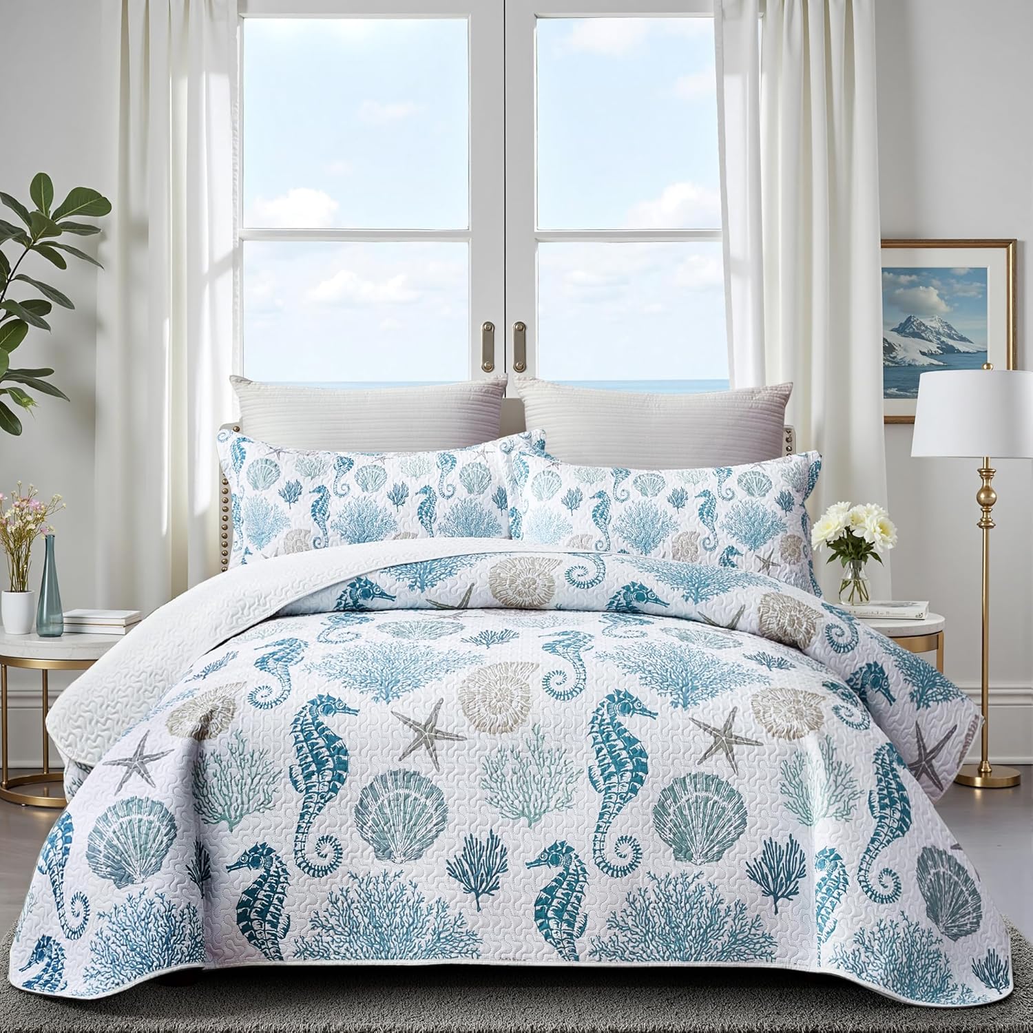 Coastal Quilt Set with 2 Shams California King Size