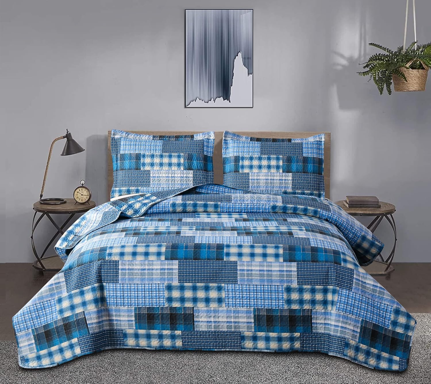 Jessy Home Queen Size Plaid Patchwork Quilt Set