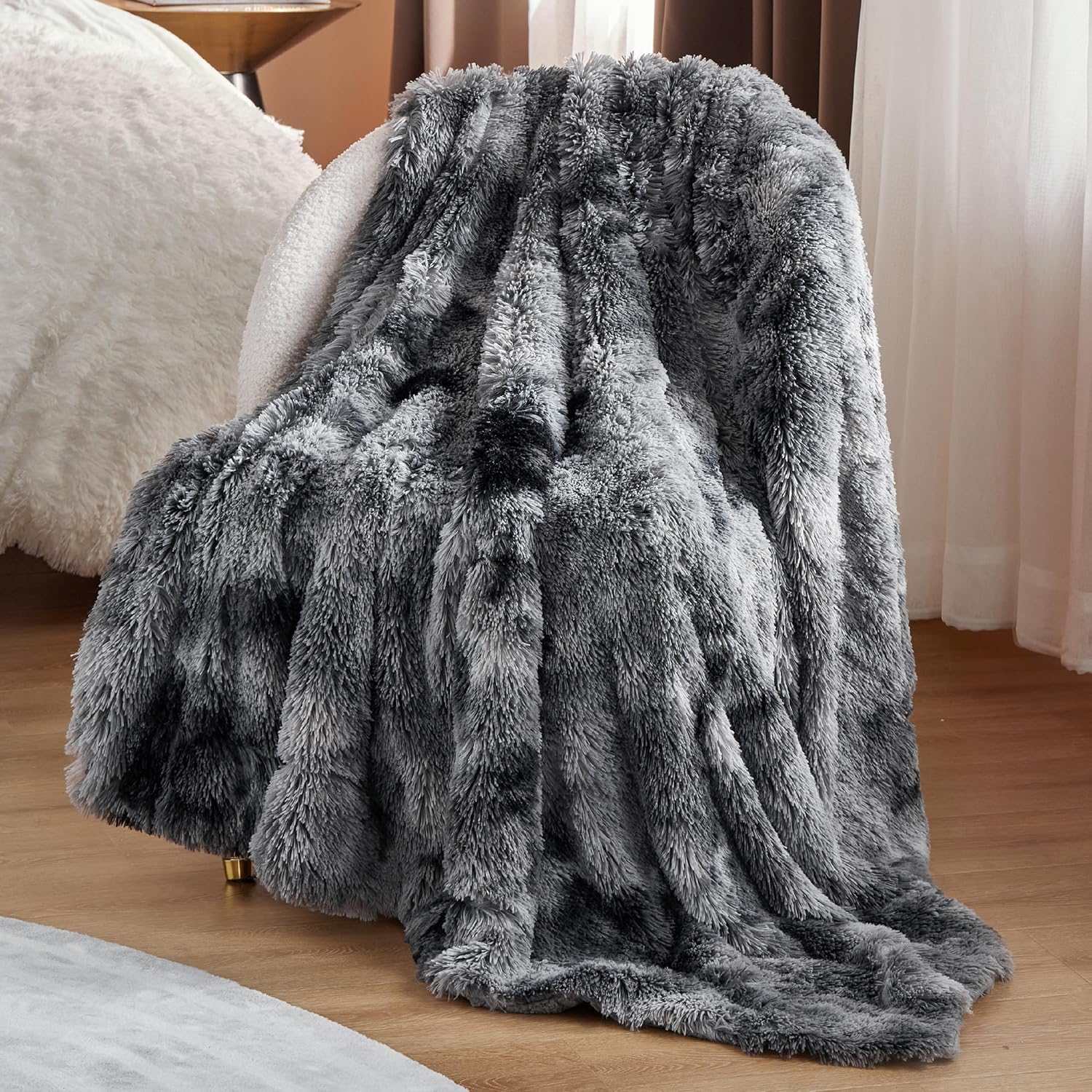 Bedsure Fuzzy Sherpa Faux Fur Twin Blanket Tie Dye Grey Cozy Gift