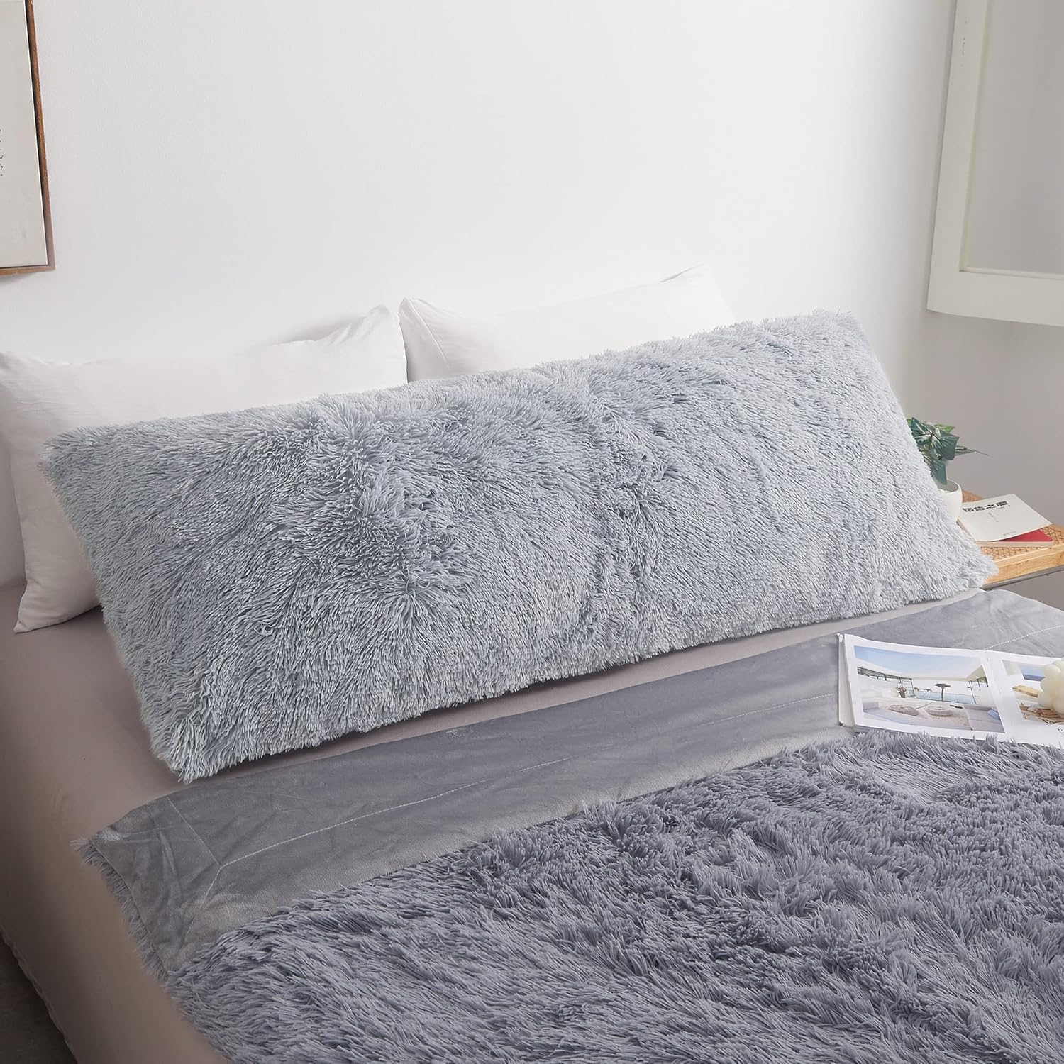 MEGO Shaggy Plush Body Pillow Cover Light Grey 54x20