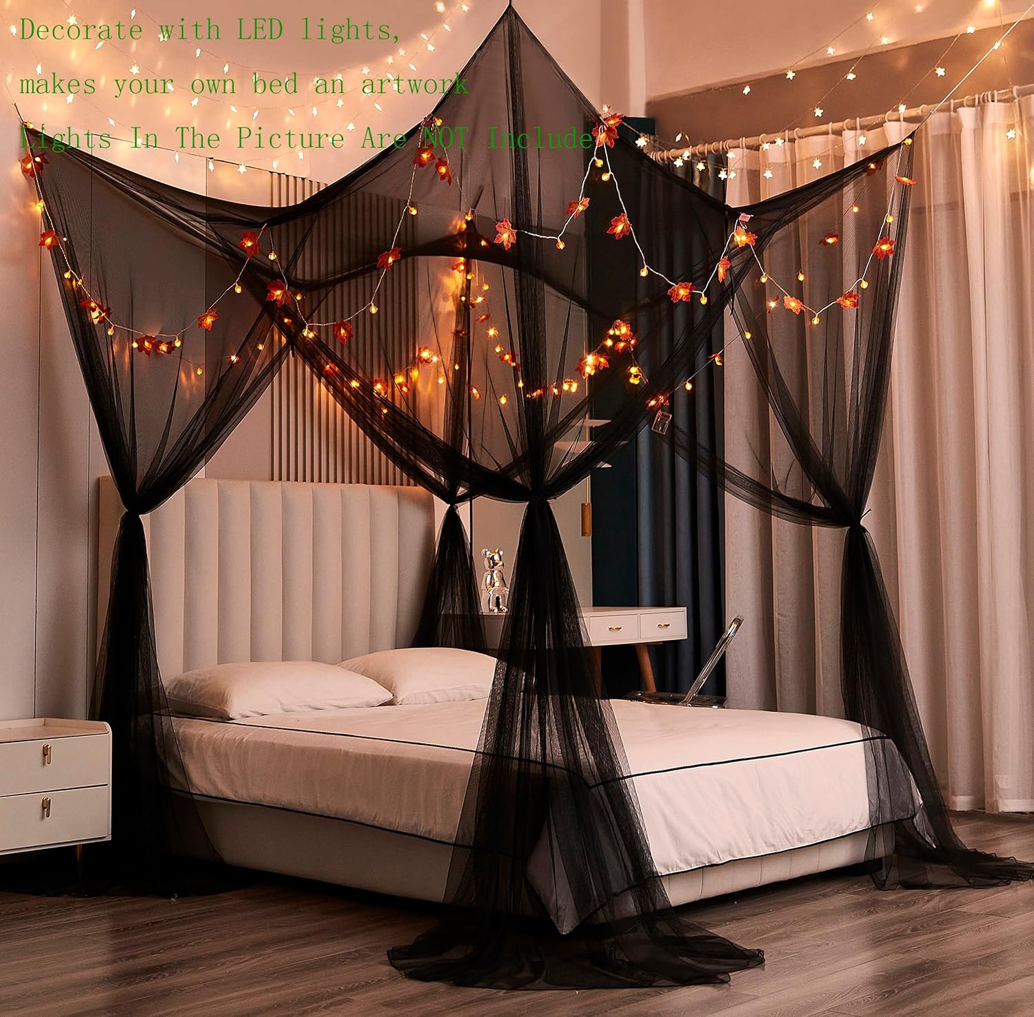 Mengersi Black Bed Canopy with 4 Openings Gothic Halloween Decor