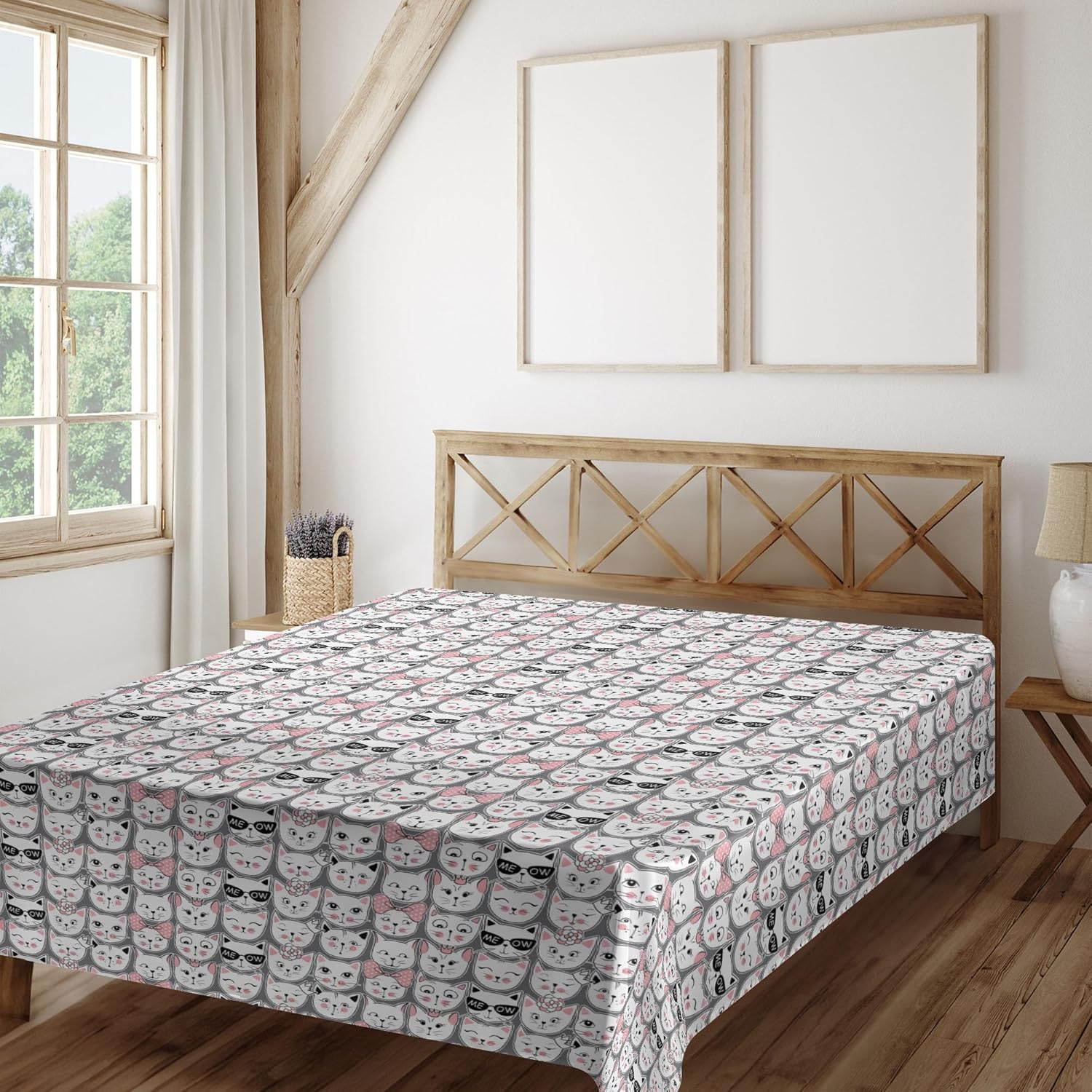 Ambesonne Cat Lover Flat Sheet 108x102 Inches Pale Pink Black California King